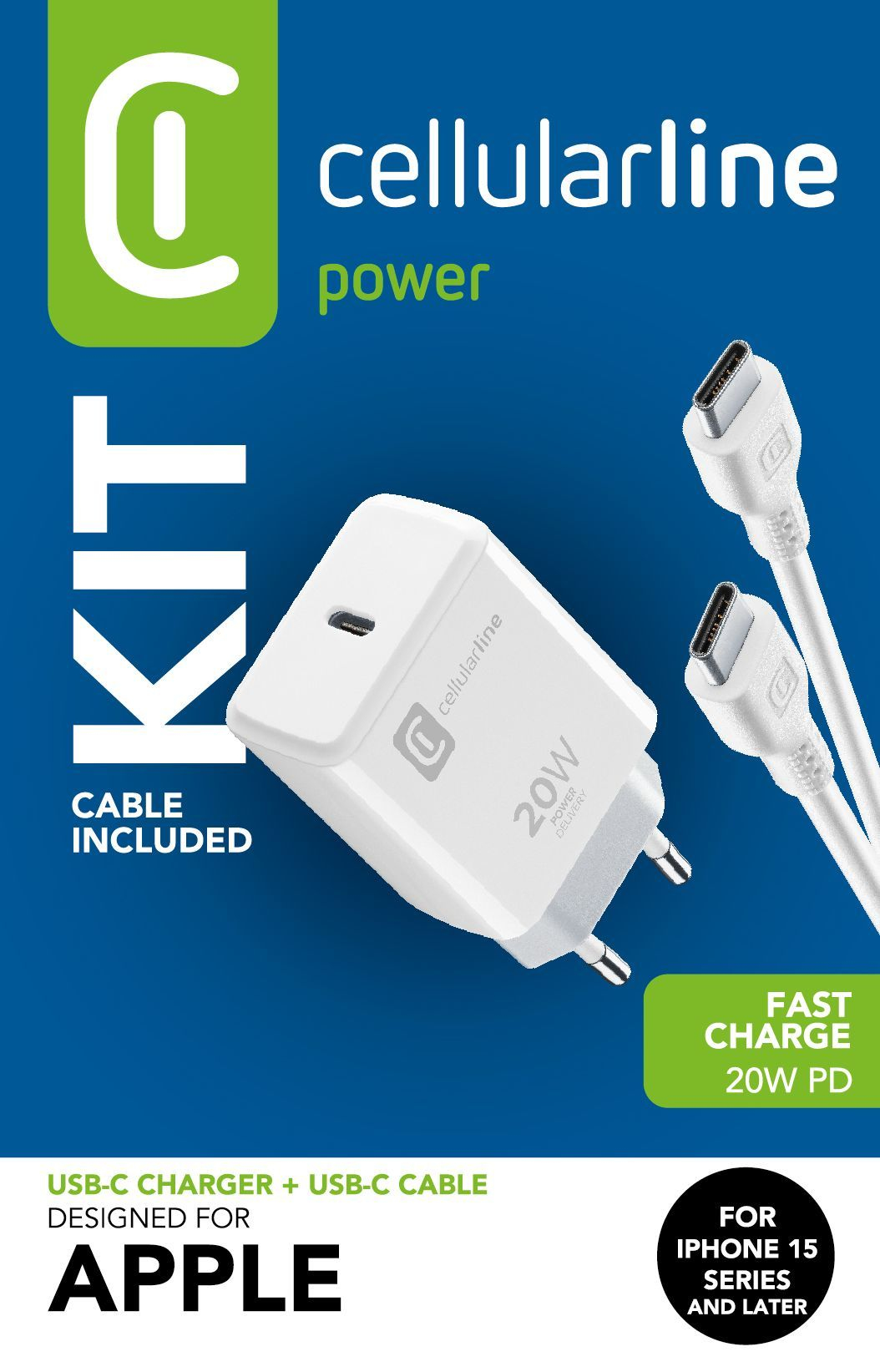 Un cargador y cable USB-C blanco de 20W de Cellularline para dispositivos Apple.