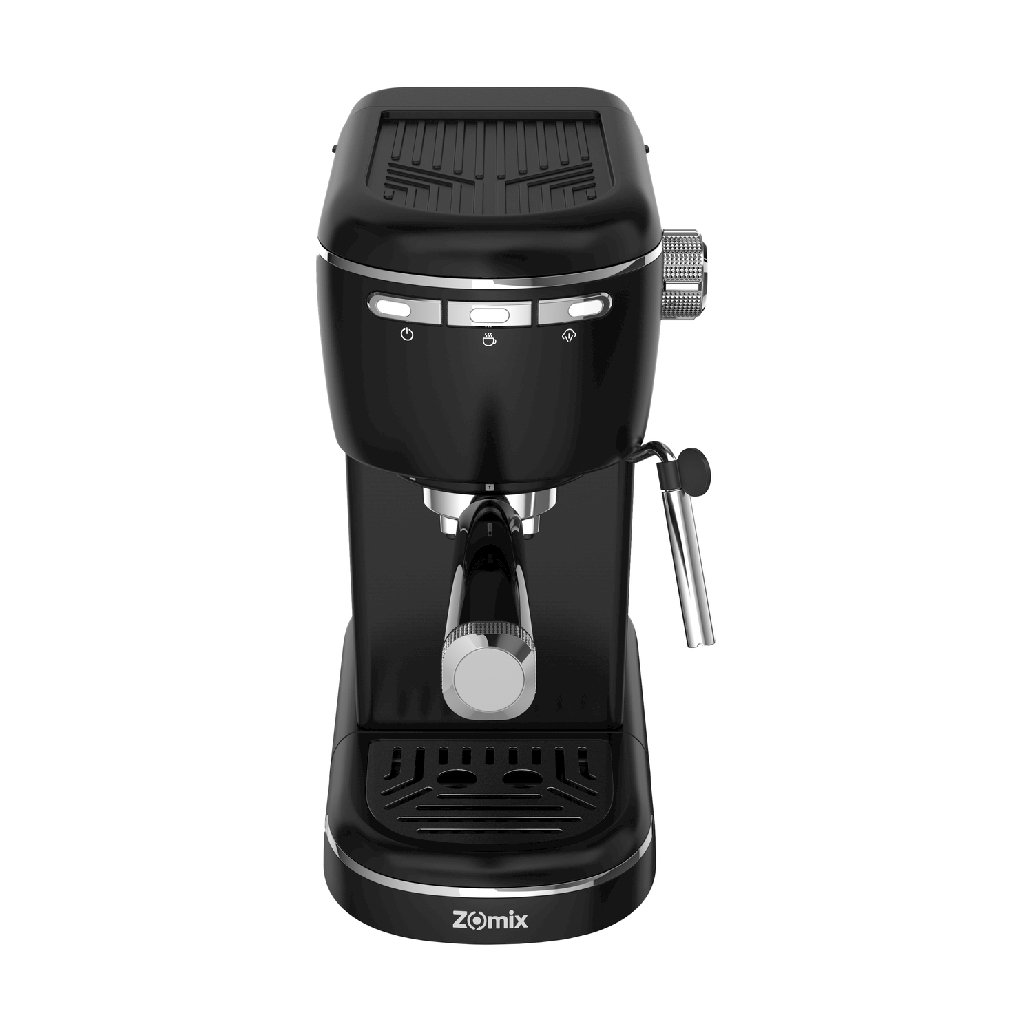 Macchina da caffè nera con accenti argentati, manopole e lancia vapore.