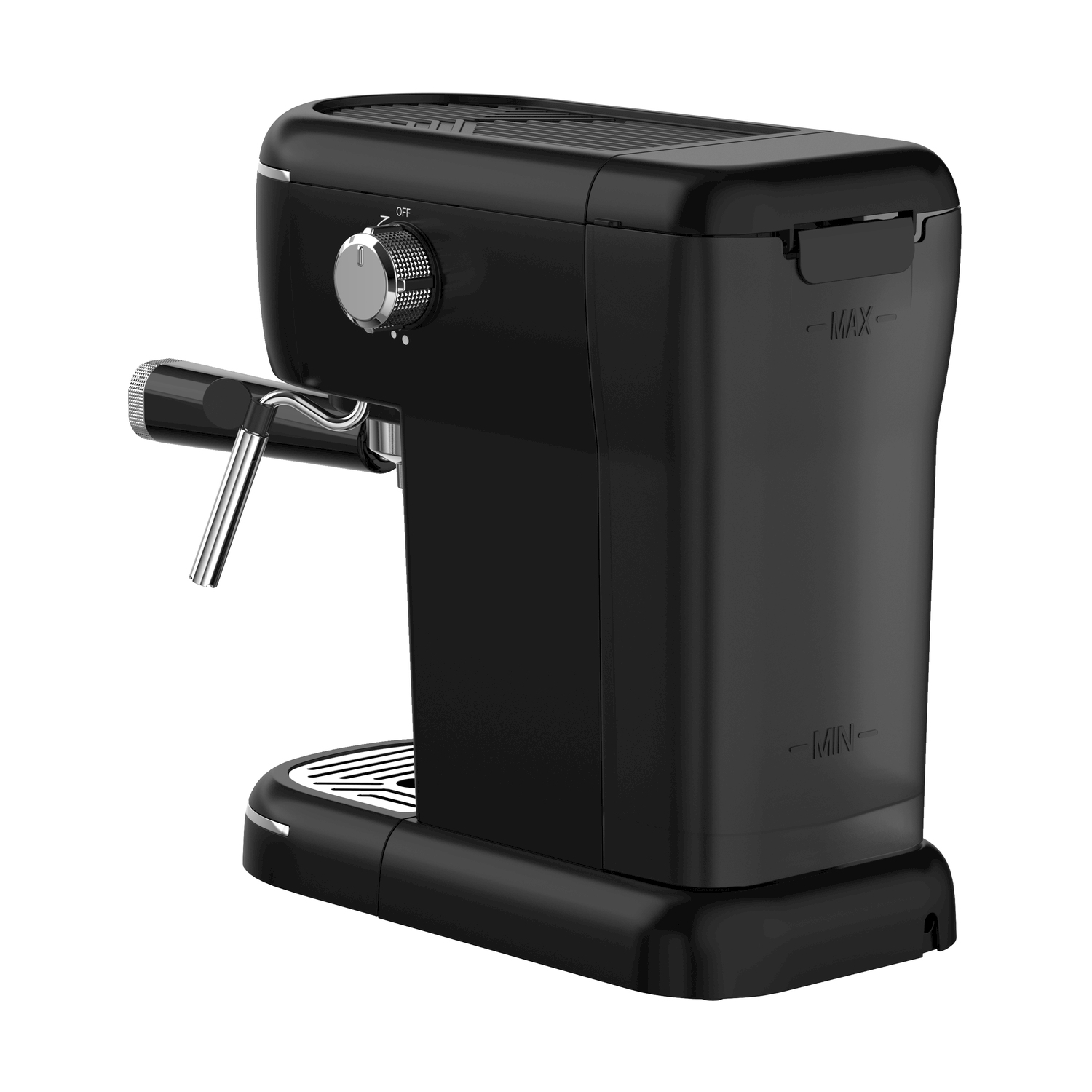 Macchina per caffè espresso nera con quadrante e beccuccio argentati.