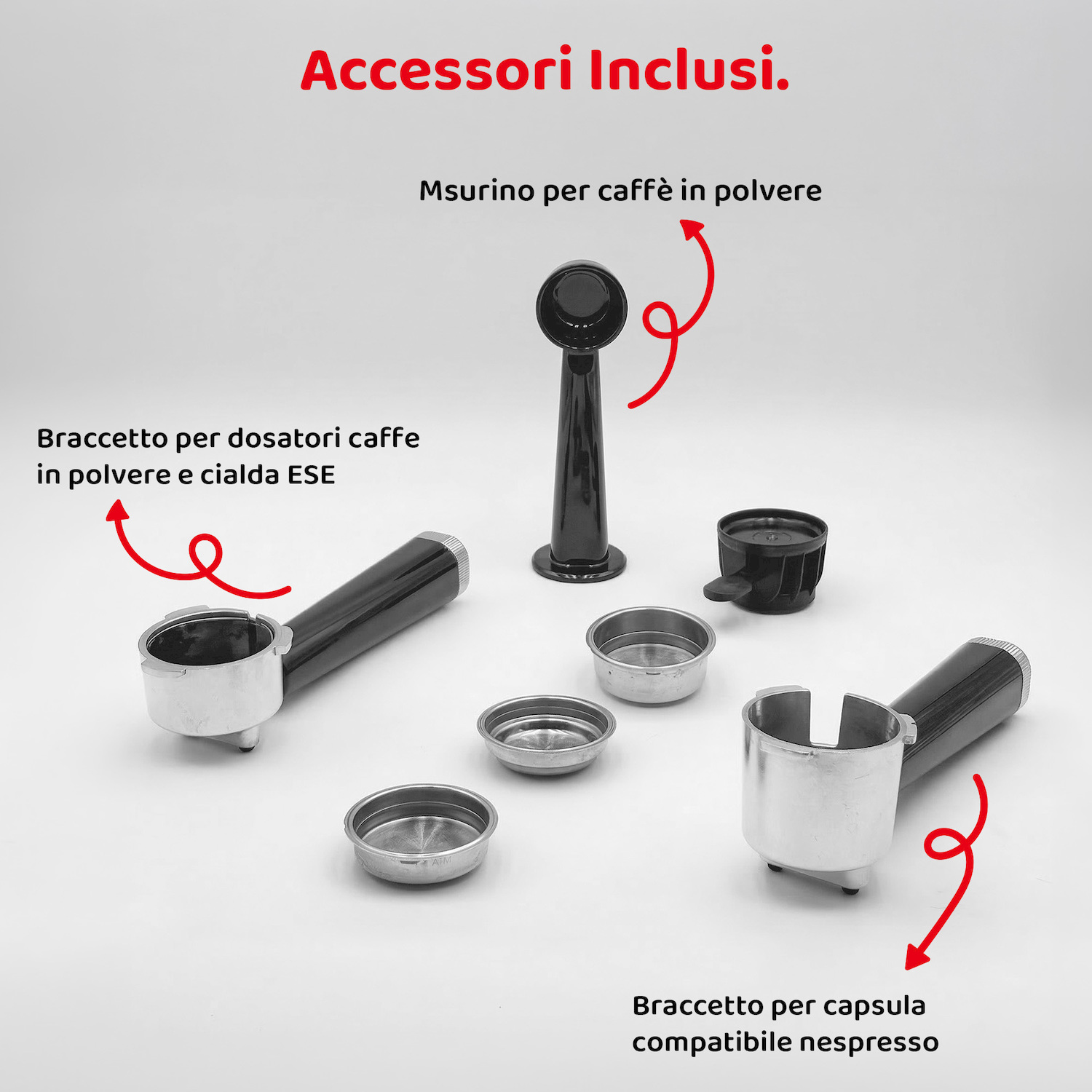 Accessori macchina caffè: misurino, portafiltro per polvere e cialda ESE, portafiltro Nespresso.