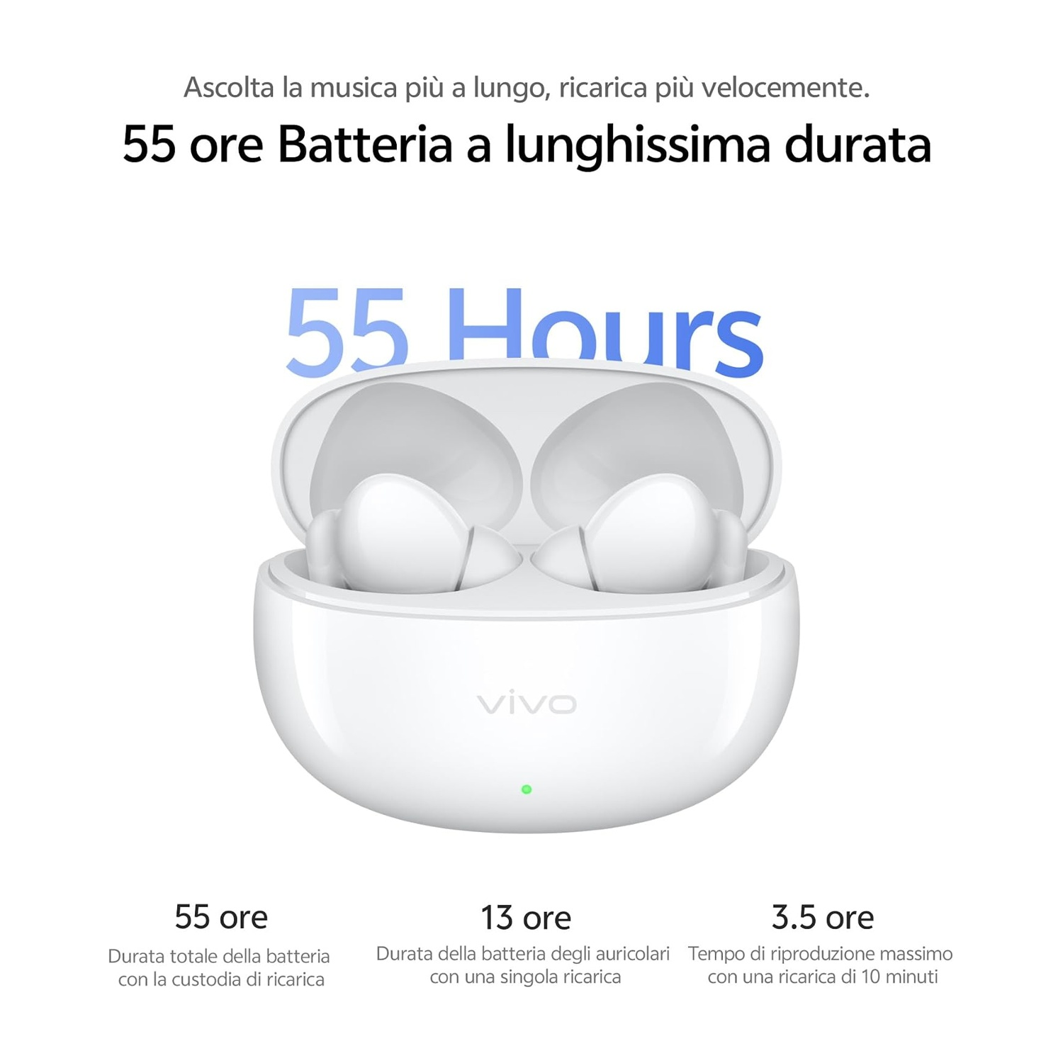 Auricolari bianchi Vivo in custodia di ricarica con dettagli batteria.