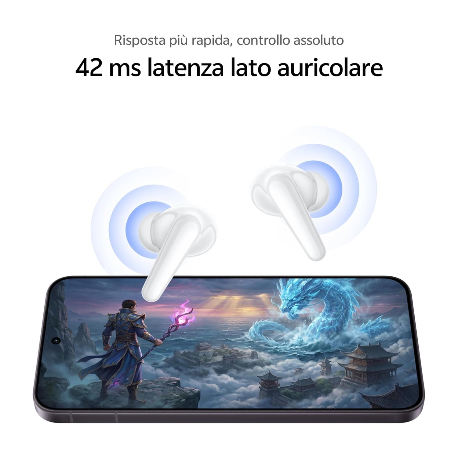 Auricolari bianchi sopra uno smartphone che mostra una scena di gioco fantasy.