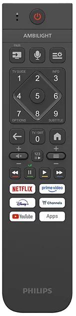 Eine dunkle Fernbedienung mit Ambilight-Logo, Zifferntasten und App-Buttons.