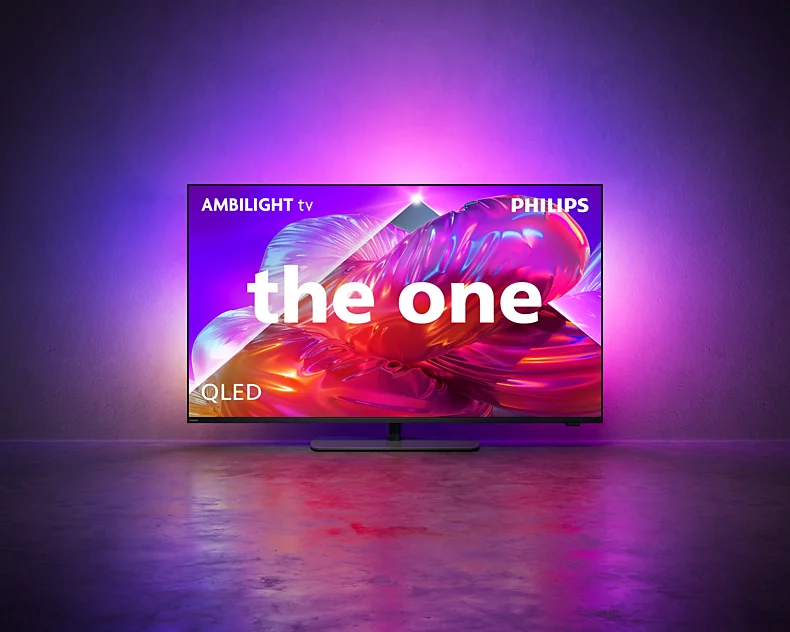 Ein Philips Ambilight TV mit QLED-Technologie zeigt "the one" auf einem farbenfrohen Bildschirm.