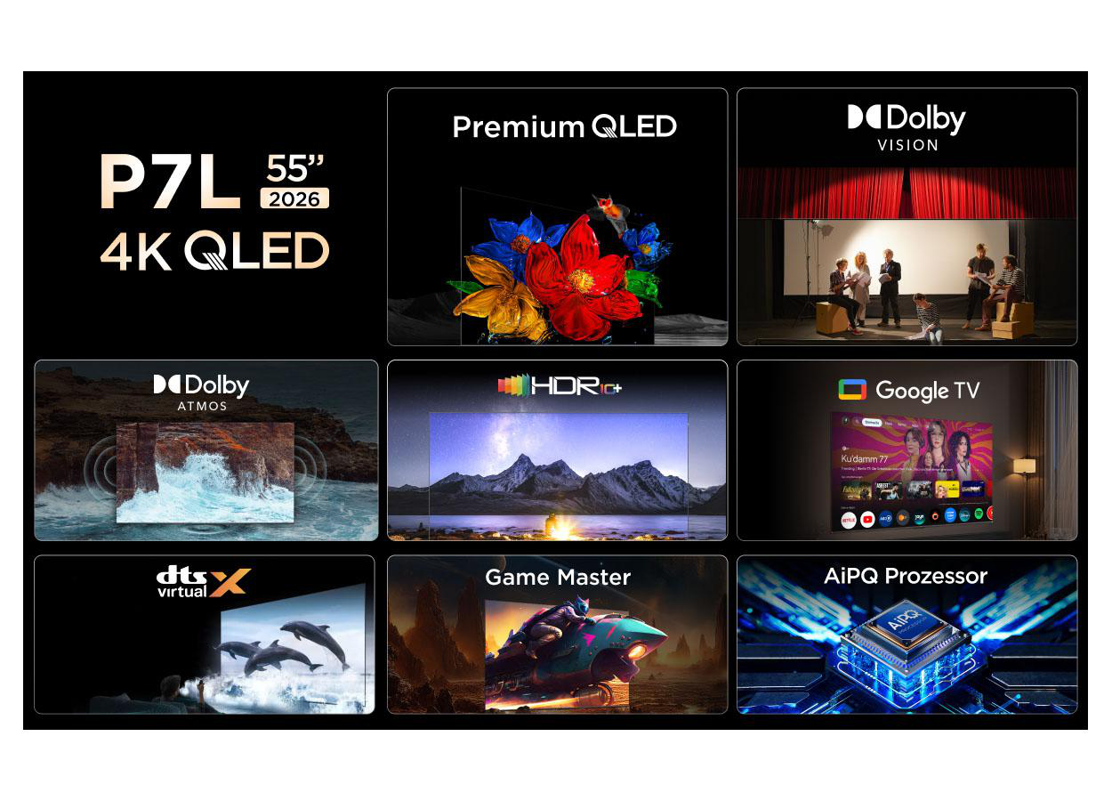 Produktübersicht mit P7L 55 4K QLED TV-Funktionen: Premium QLED, Dolby Vision, Atmos, HDR10+, Google TV.