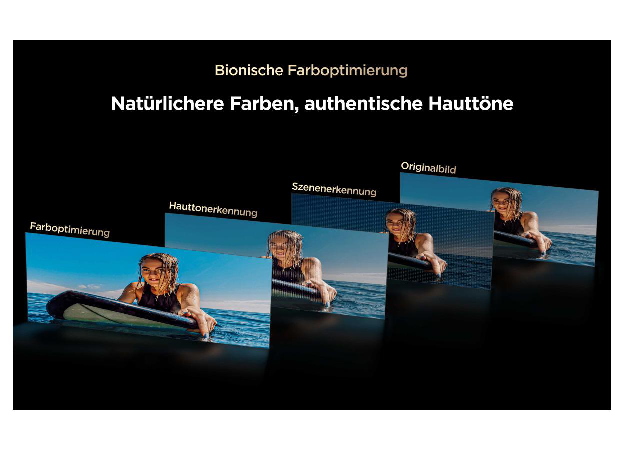 Bilder zeigen Frau auf Surfbrett, mit Farboptimierung und Hauttonerkennung.