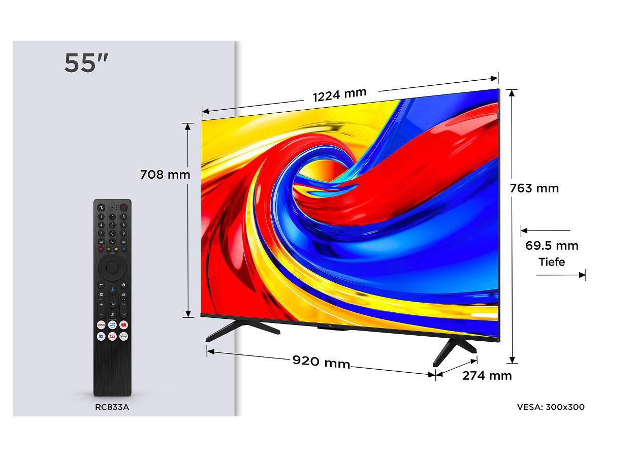 Ein 55-Zoll-Fernseher mit Fernbedienung und Maßangaben.