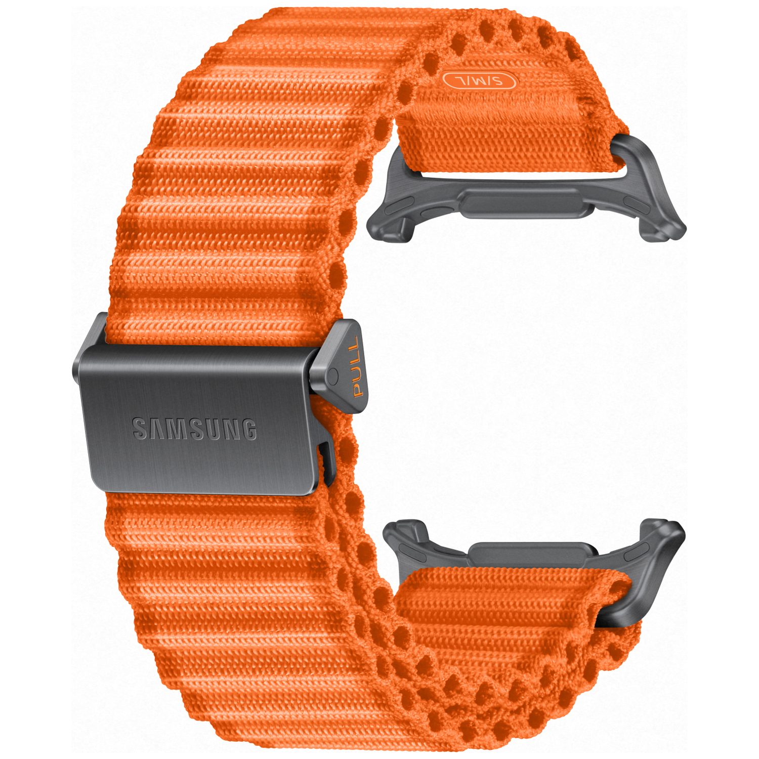 Een oranje Samsung horlogeband met zwarte sluiting en "PULL" tekst.