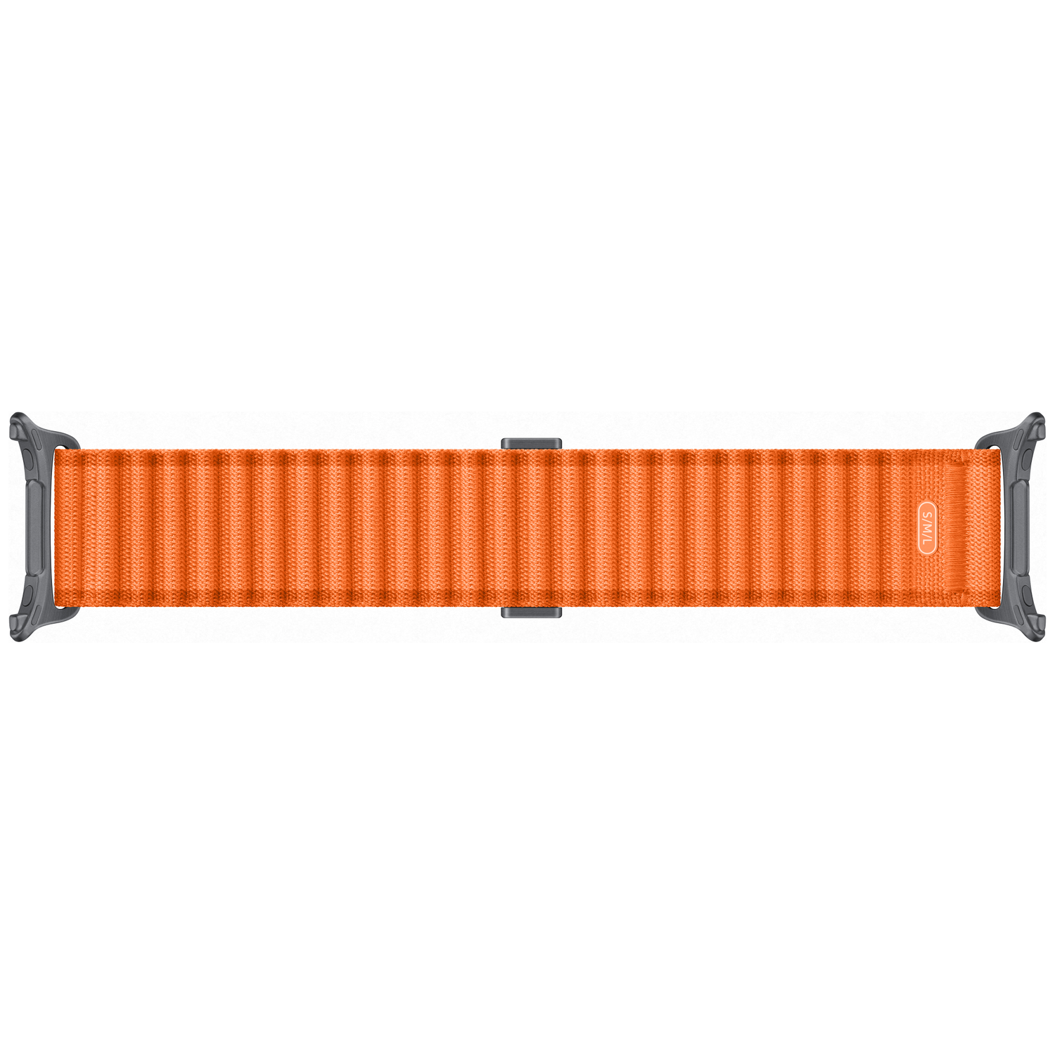 Een oranje horlogeband met grijze connectoren. De maat S/M is erop gedrukt.