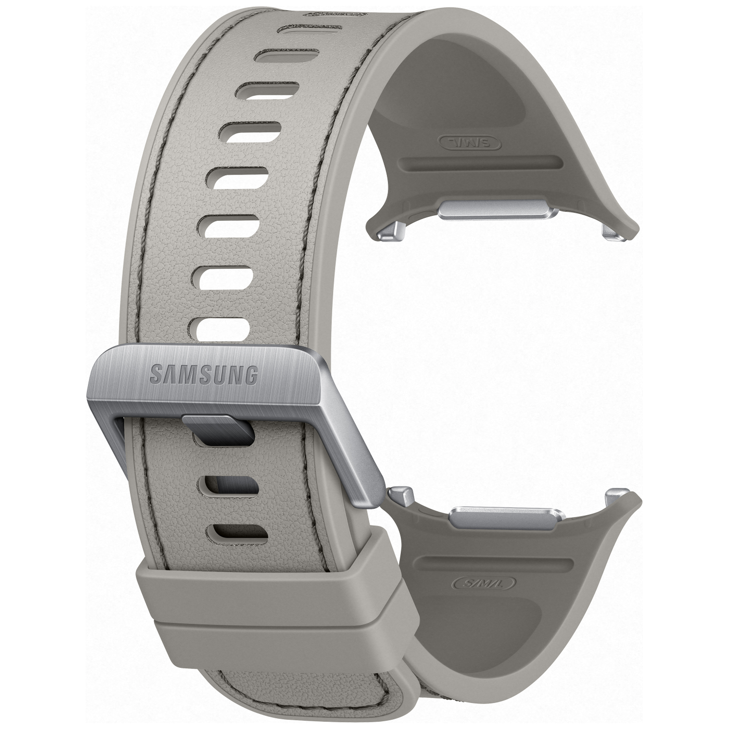 Grijze Samsung horlogeband van leer met metalen gesp en lugs.