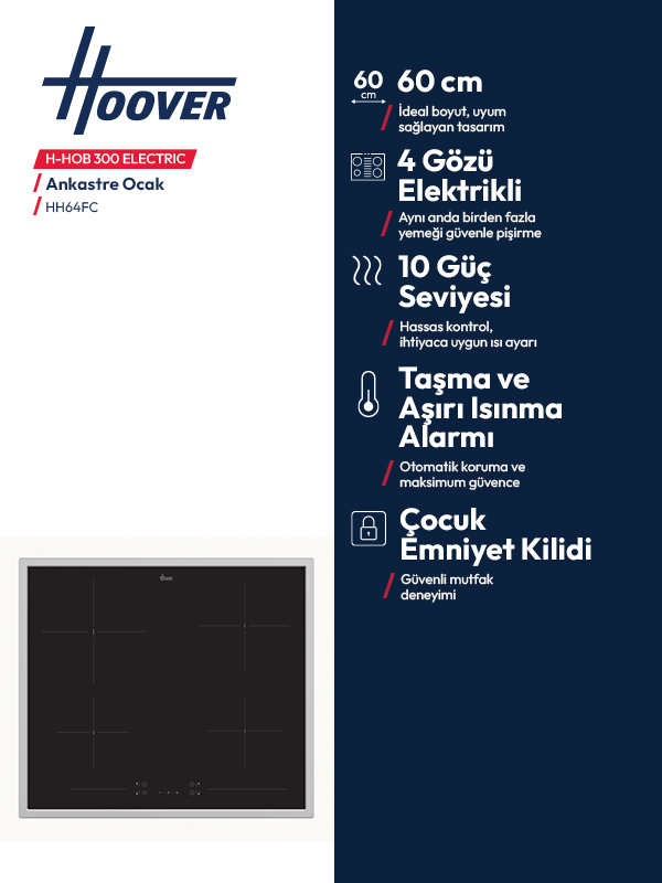 Hoover siyah elektrikli ocak, 4 pişirme bölgesi ve dijital kontrol. 60x60cm.