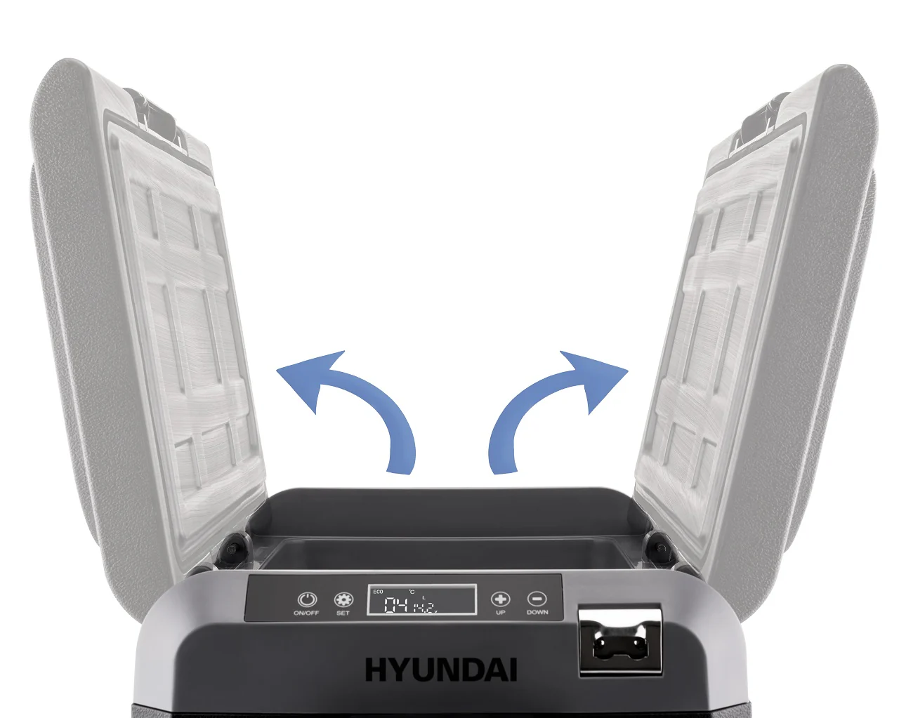 Egy nyitott szürke Hyundai hűtő kék nyilakkal, amelyek a fedél nyitását jelzik.