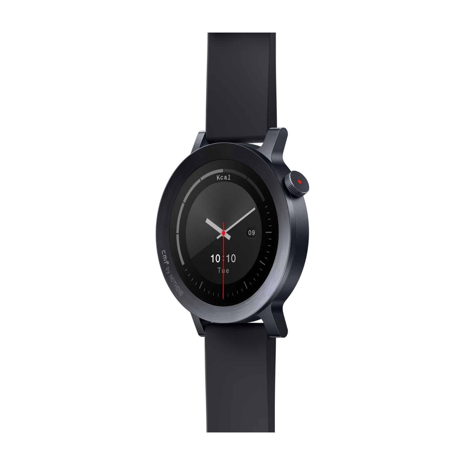 Uno smartwatch grigio con cinturino nero e display digitale.