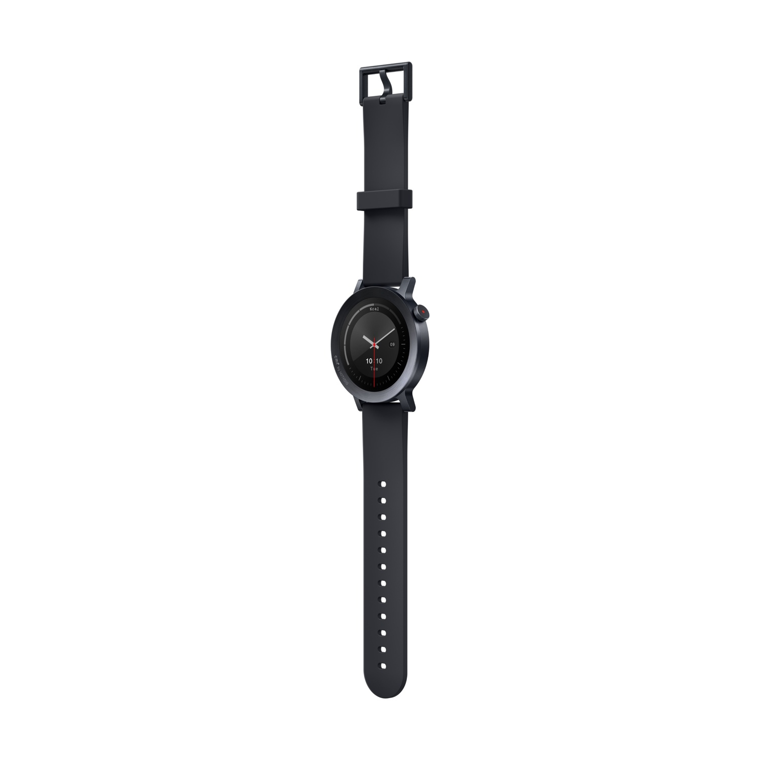 Uno smartwatch scuro con quadrante rotondo e cinturino nero su sfondo bianco.