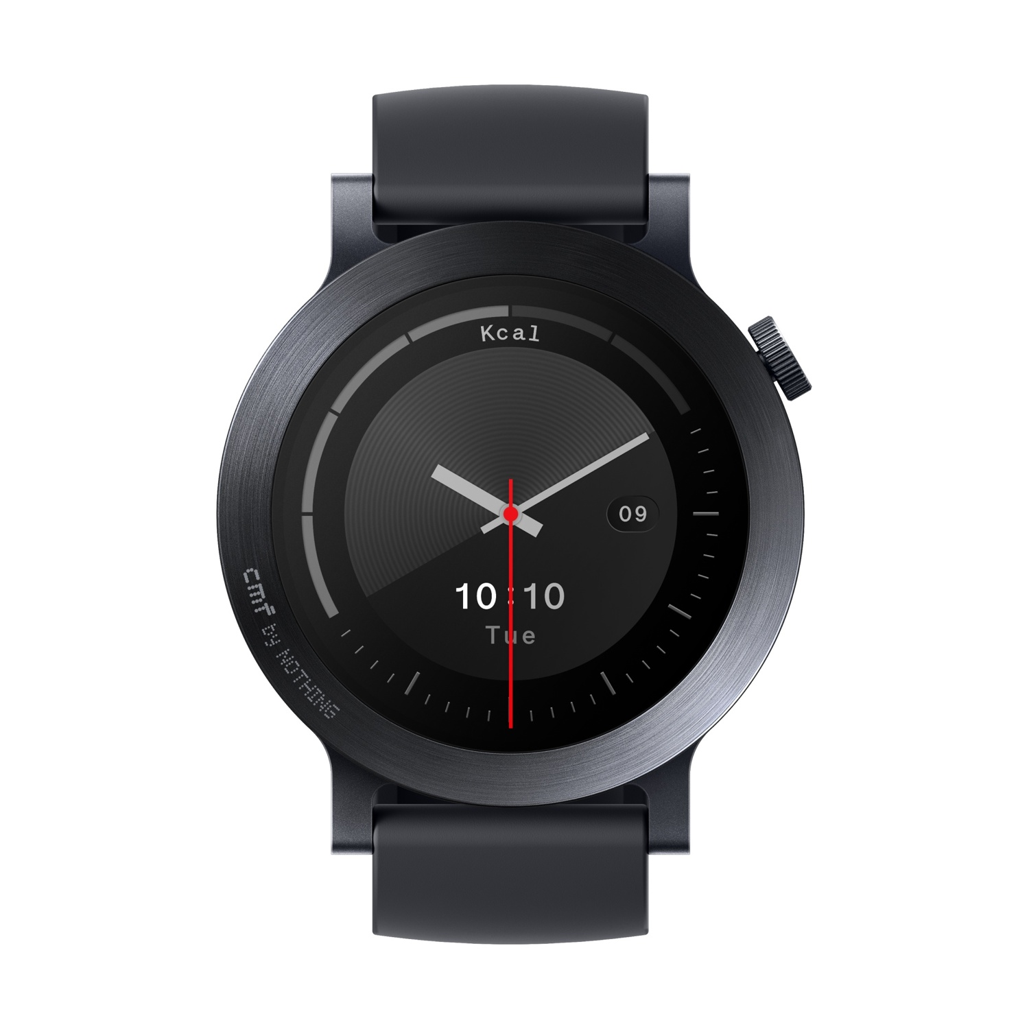 Orologio smart nero con quadrante rotondo, mostra le 10:10 e calorie.