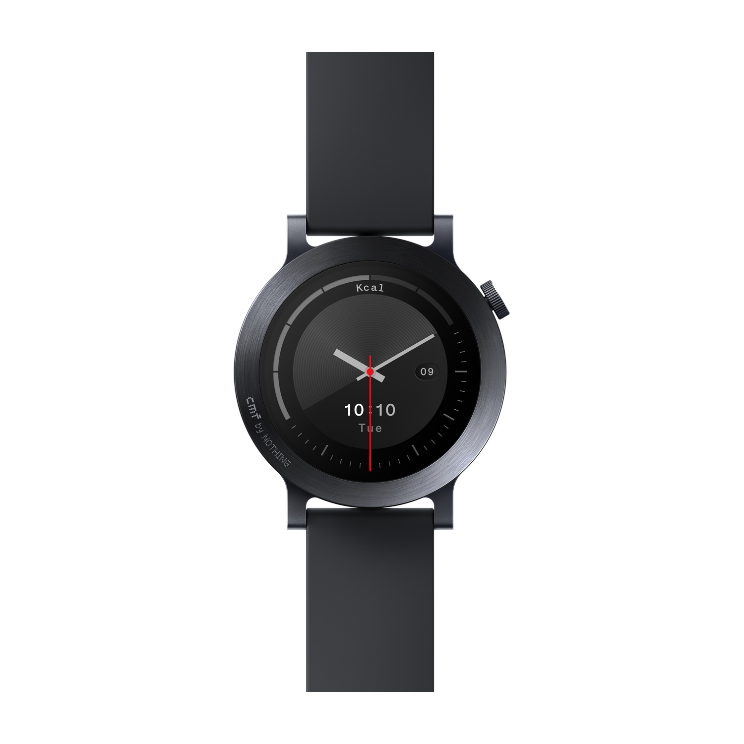 Uno smartwatch nero con quadrante scuro e cinturino nero.