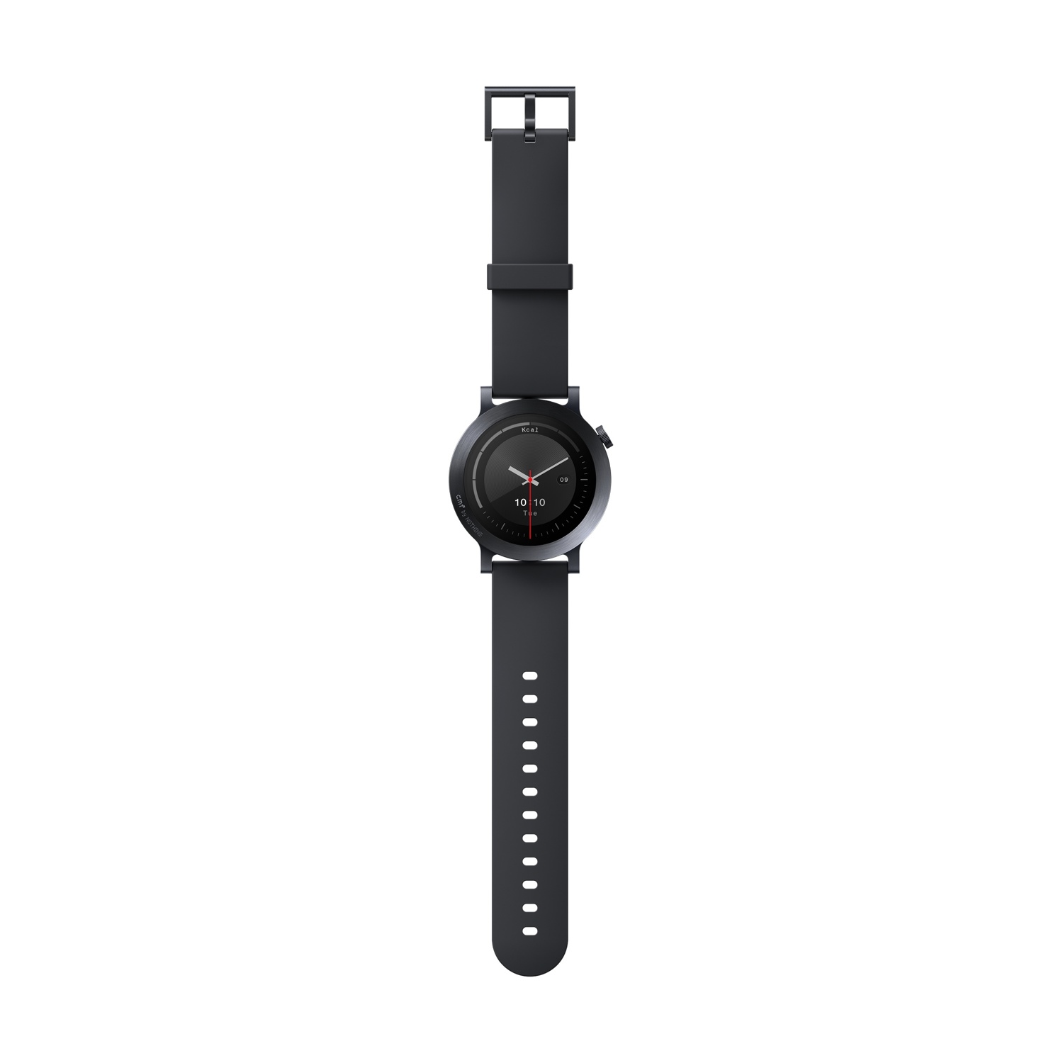 Uno smartwatch scuro con cinturino nero su sfondo bianco.