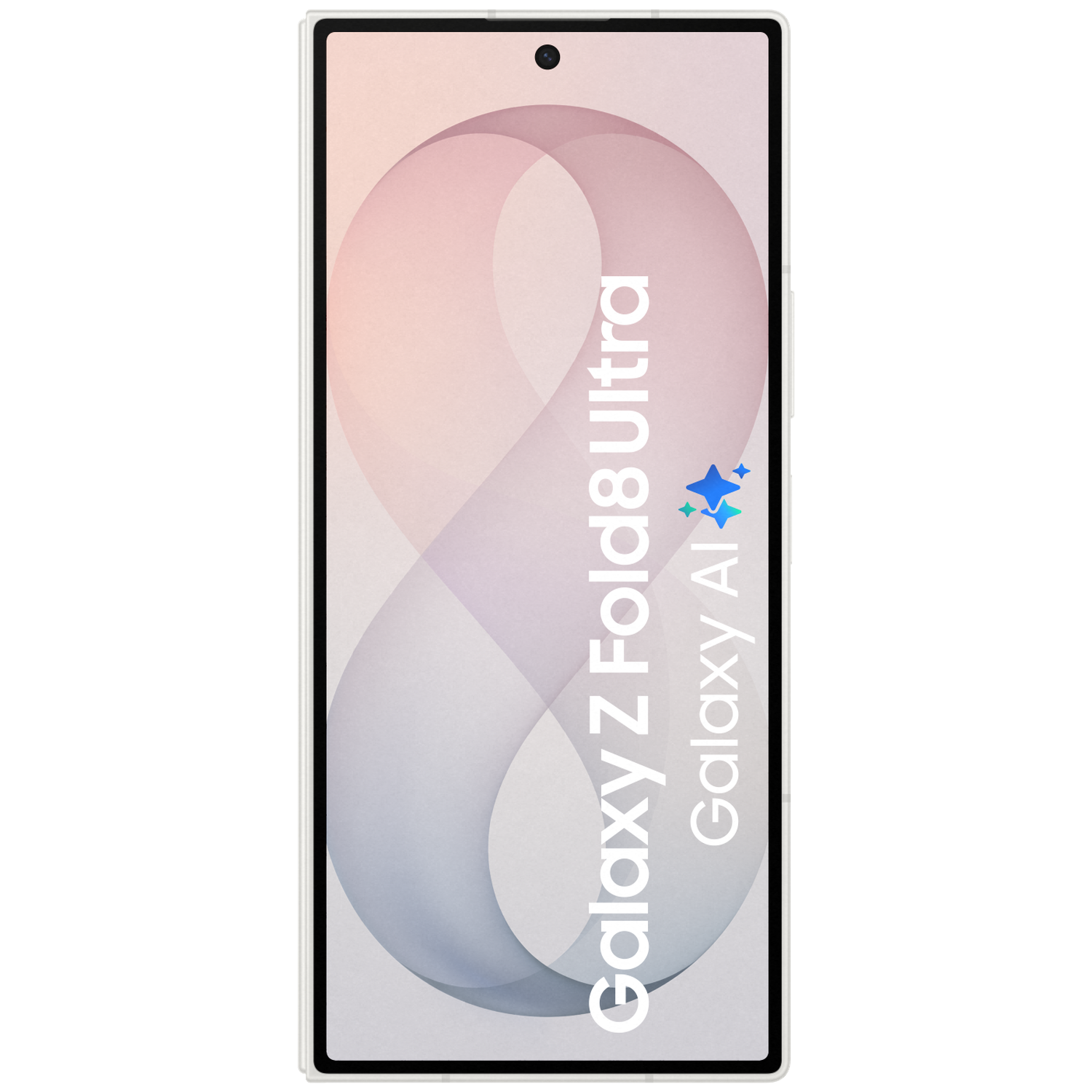 Een witte smartphone met de tekst "Galaxy Z Fold8 Ultra" en "Galaxy AI".