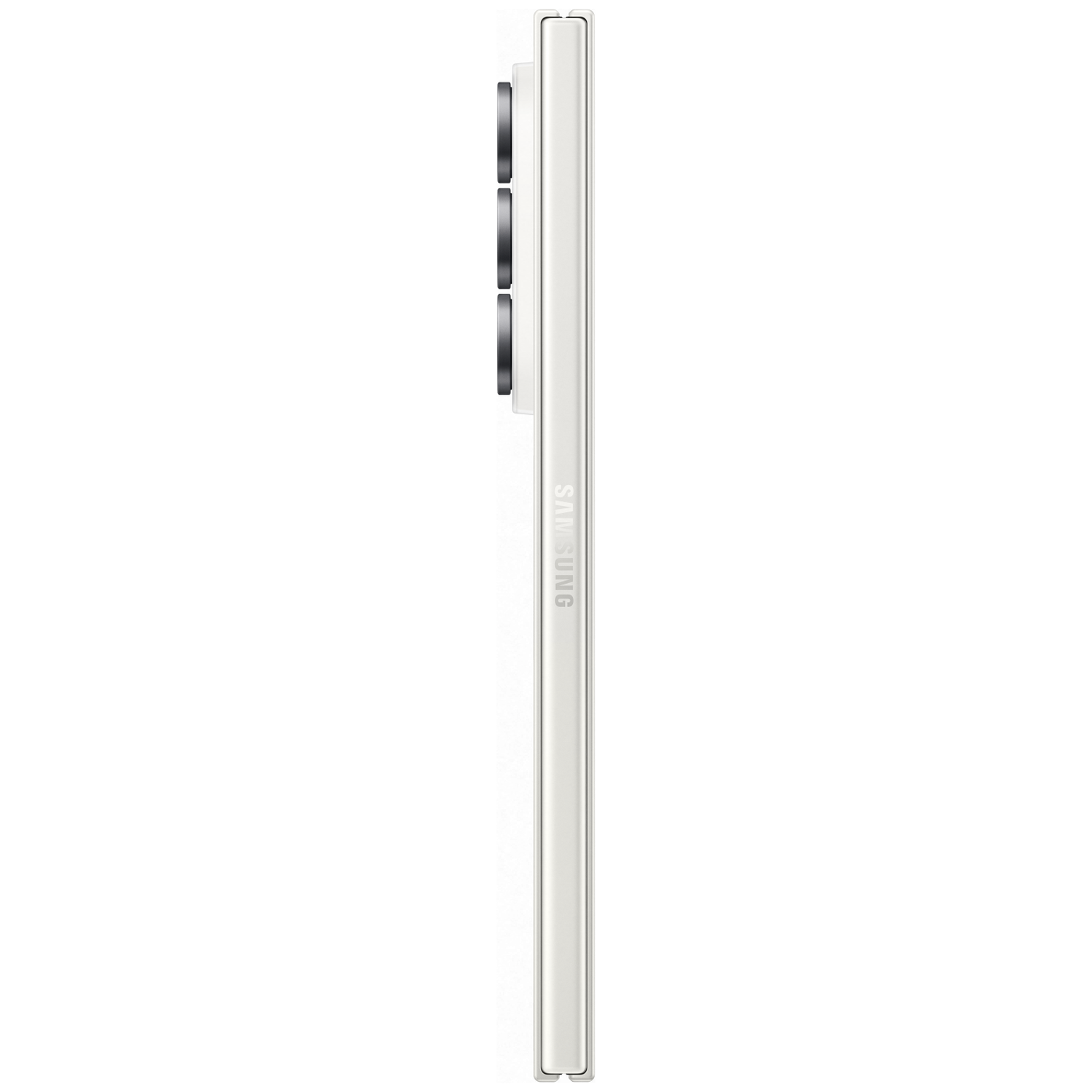 Witte smartphone in portretstand met cameramodule en Samsung-logo.