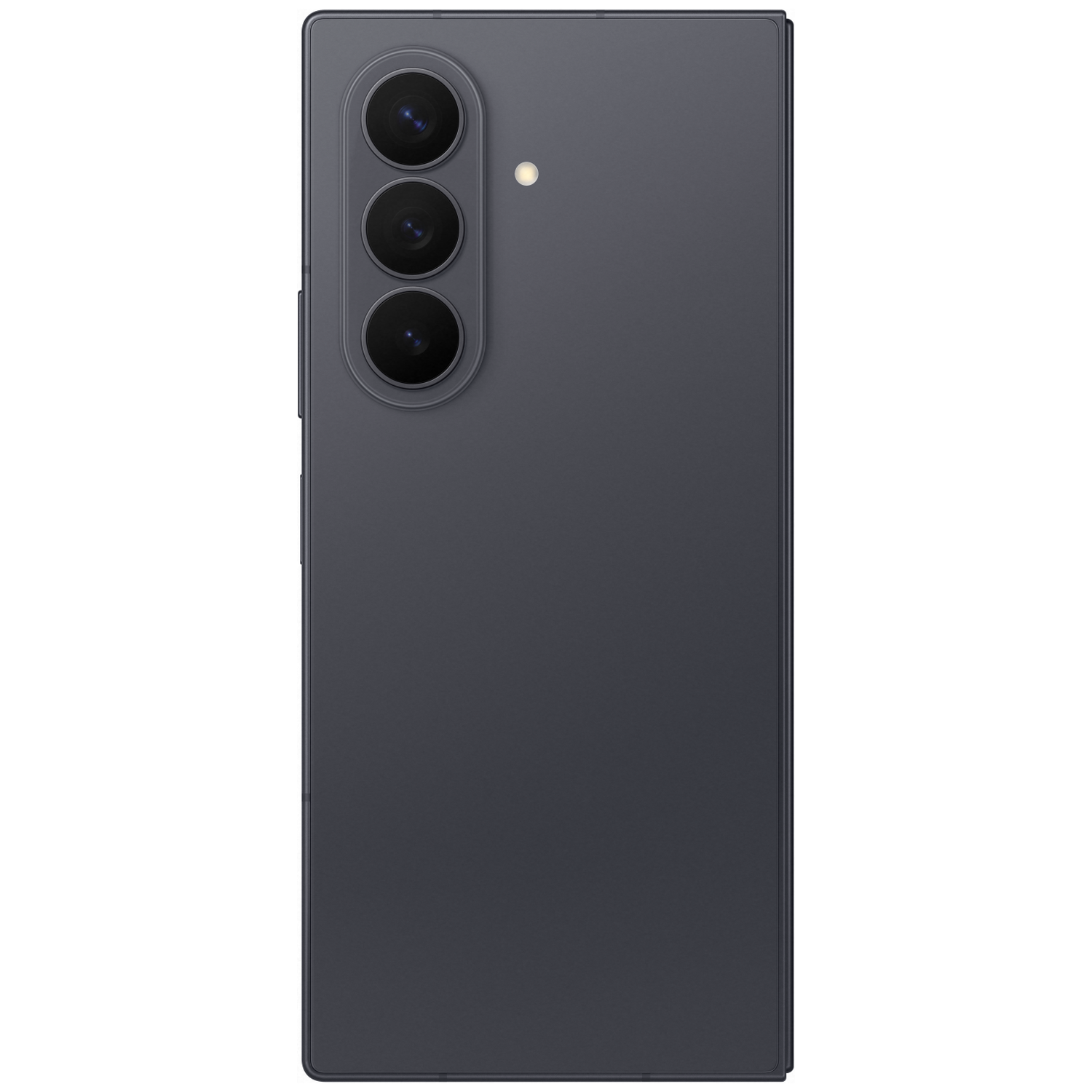 Donkergrijs smartphone met drie camera's en een flitser aan de achterkant.