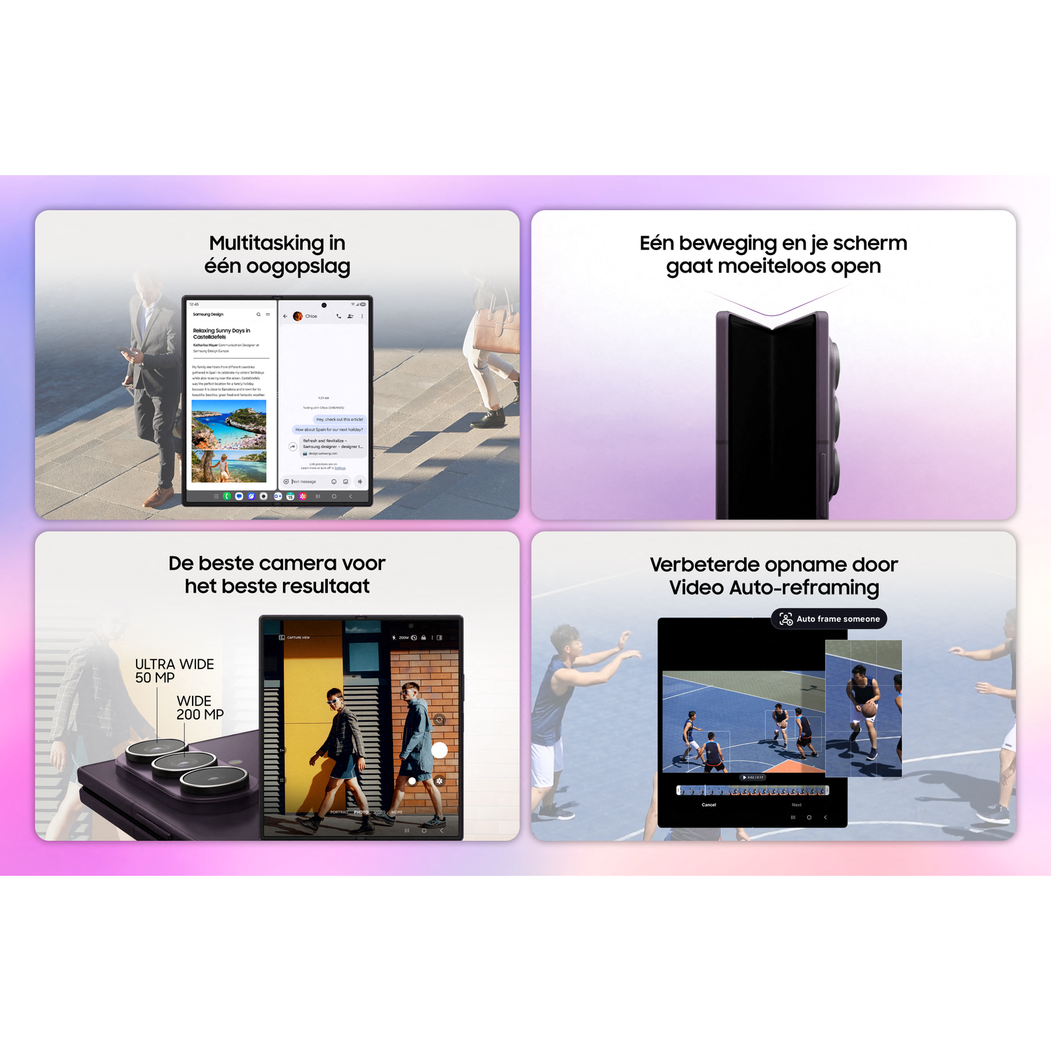 Vier collages tonen Samsung-apparaatfuncties: multitasking, vouwbaar ontwerp, camera en video-reframing.