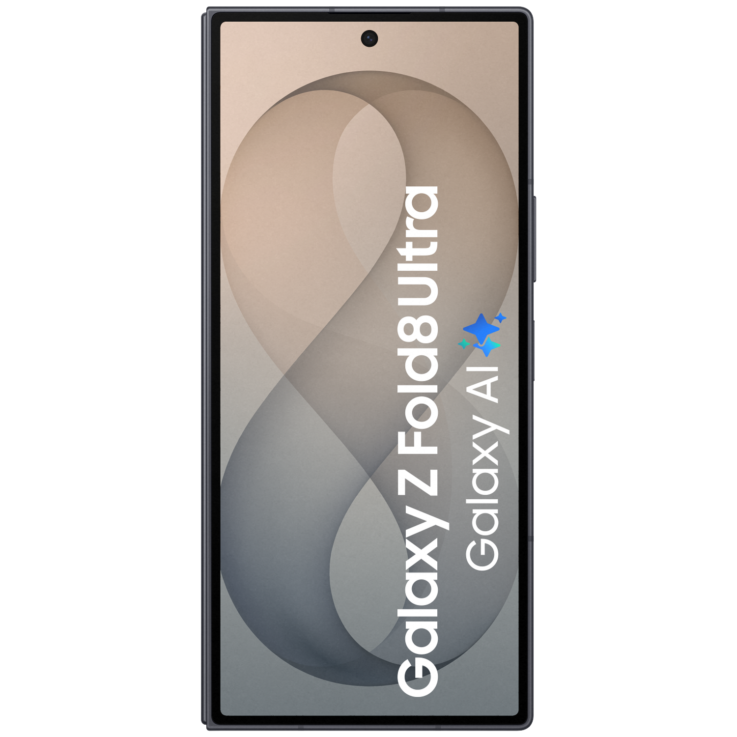 Een smartphone met "Galaxy Z Fold8 Ultra" en "Galaxy AI" tekst.