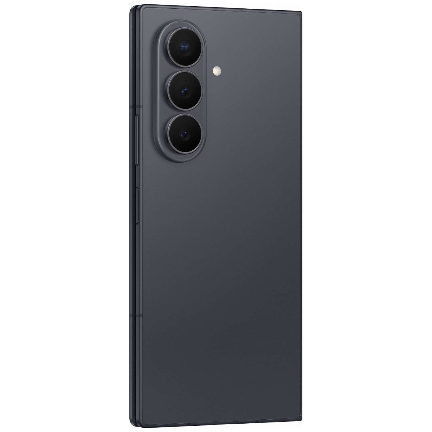 Donkergrijs smartphonemet drie camera's aan de achterkant, op witte achtergrond.