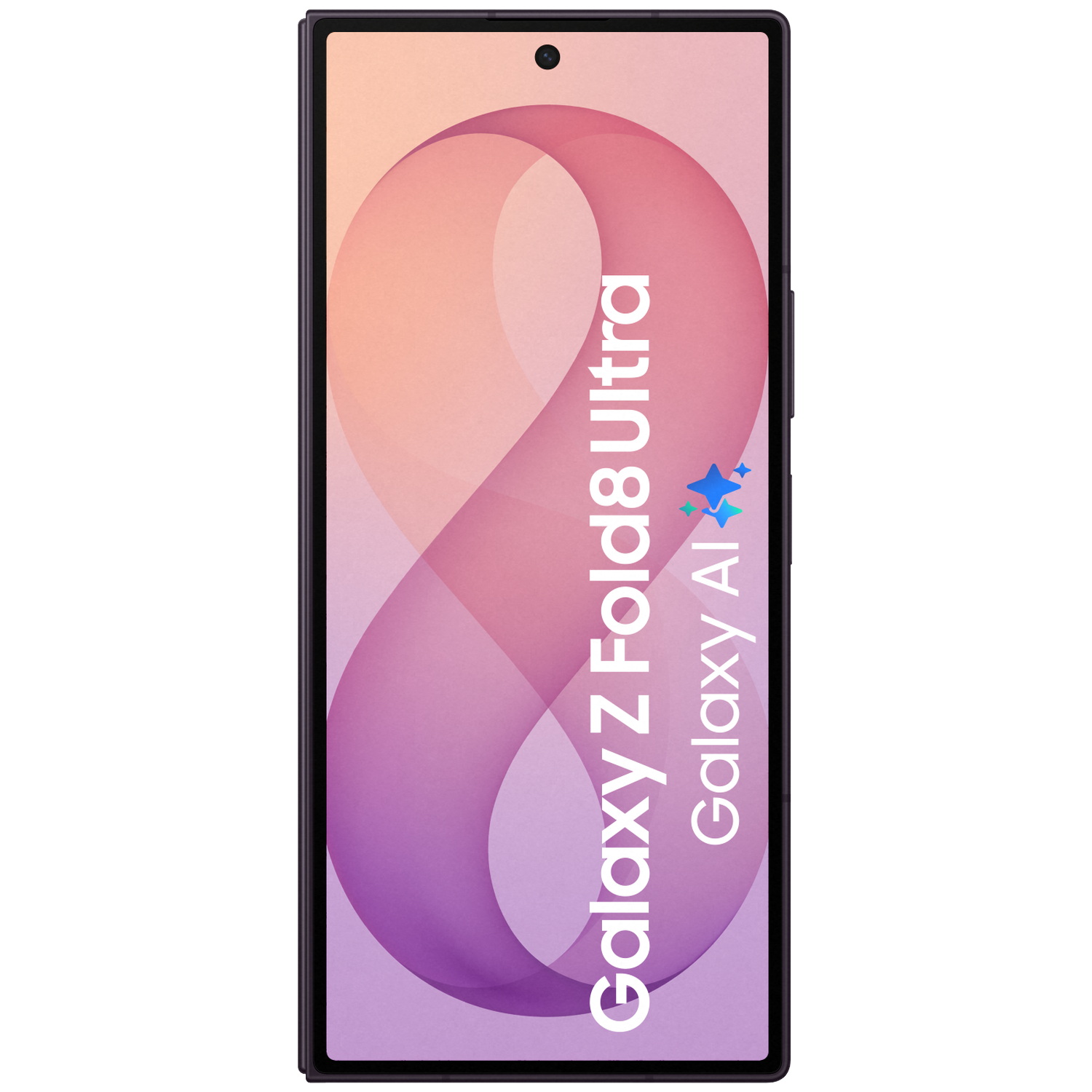 Een Samsung Galaxy Z Fold 8 Ultra met een abstracte roze-paarse achtergrond.