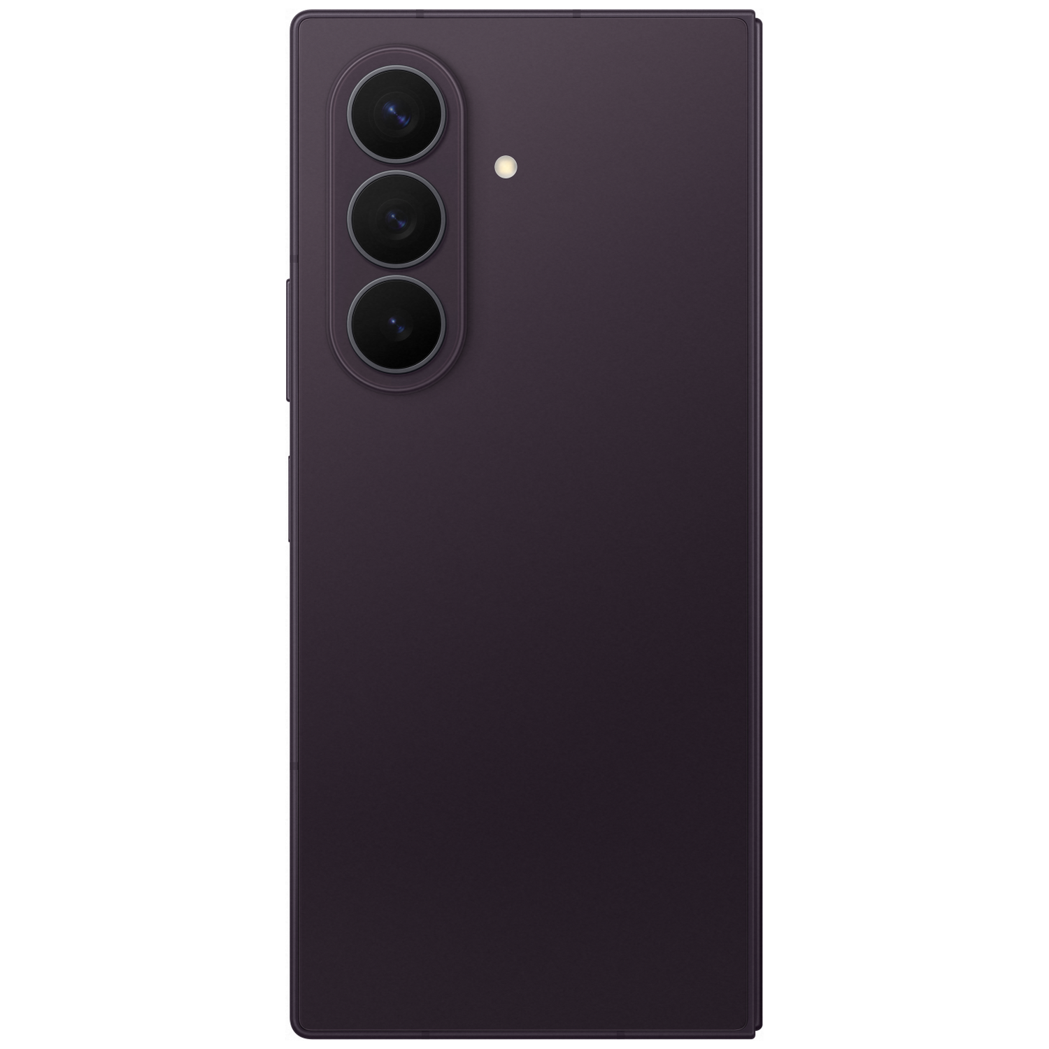 Donkerpaarse smartphone met drie cameralenzen en een flitser.