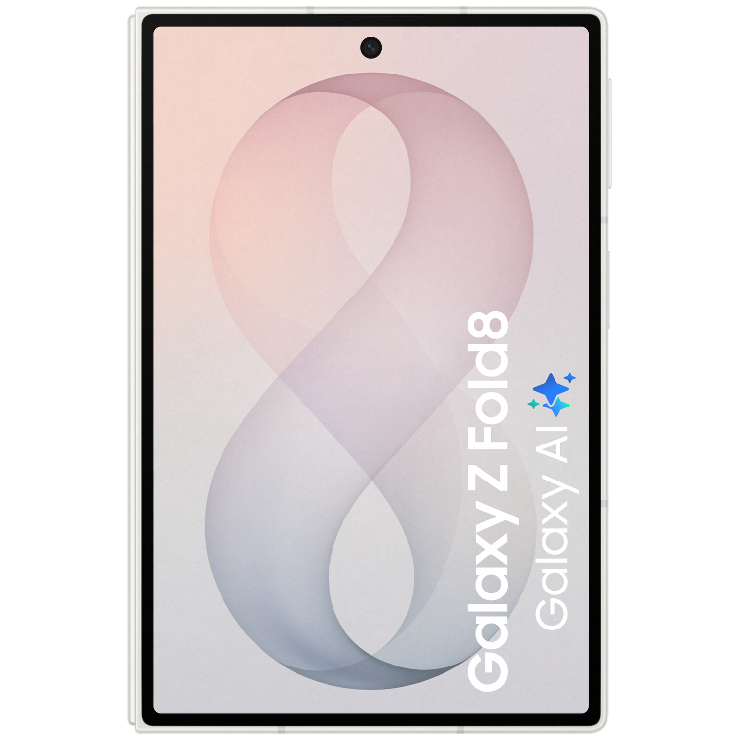Een witte smartphone met een abstract ontwerp in roze en blauwe tinten.