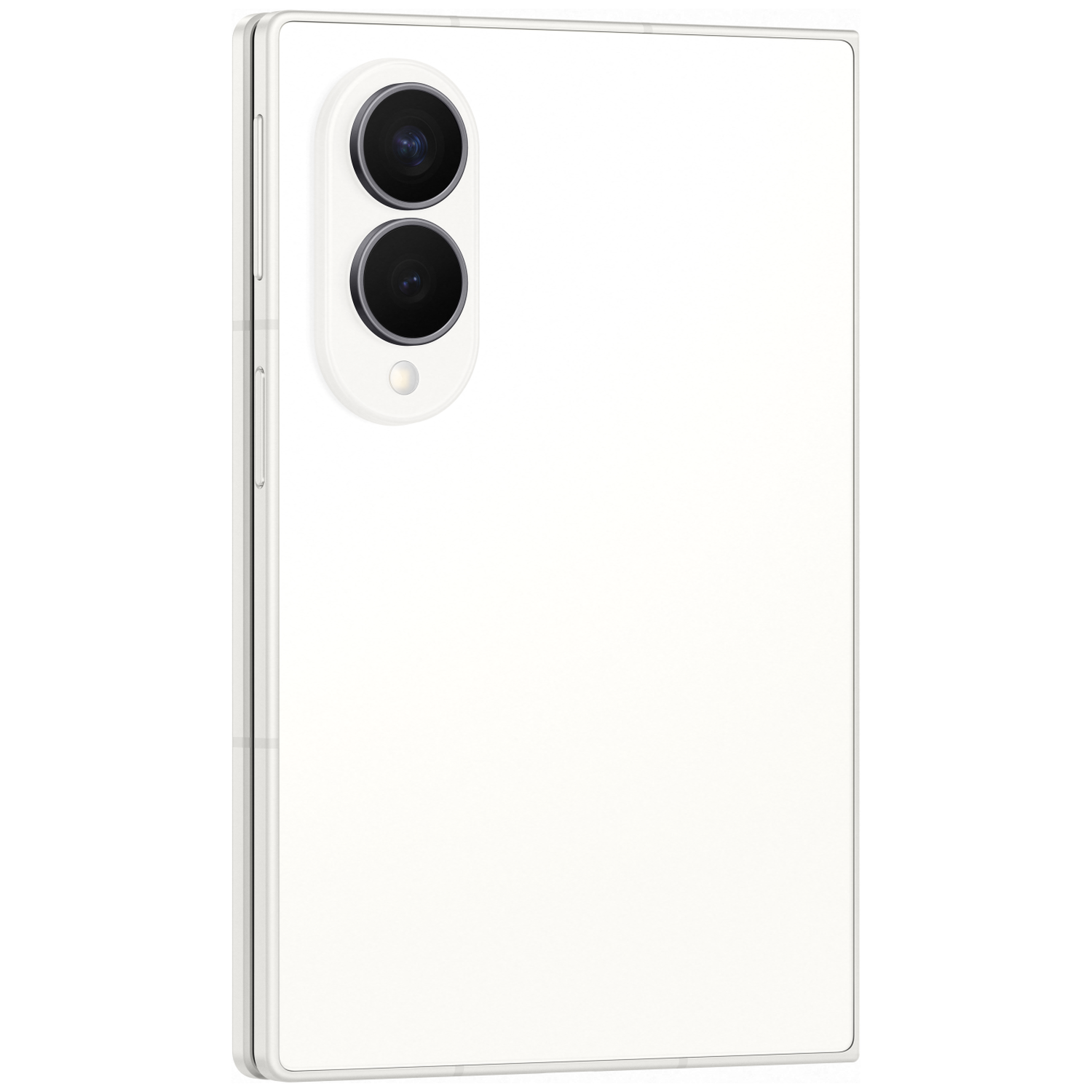 Een gesloten witte smartphone met twee cameralenzen op de achterkant.