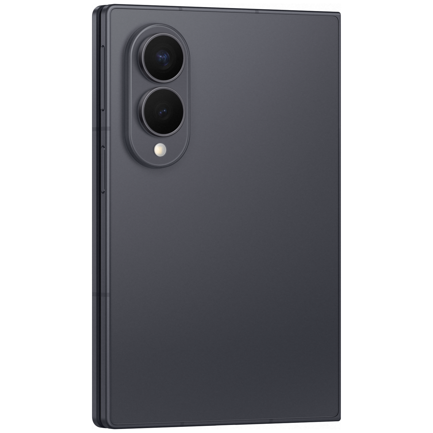 Donkergrijs smartphonemet twee camera's, van de zijkant gezien.