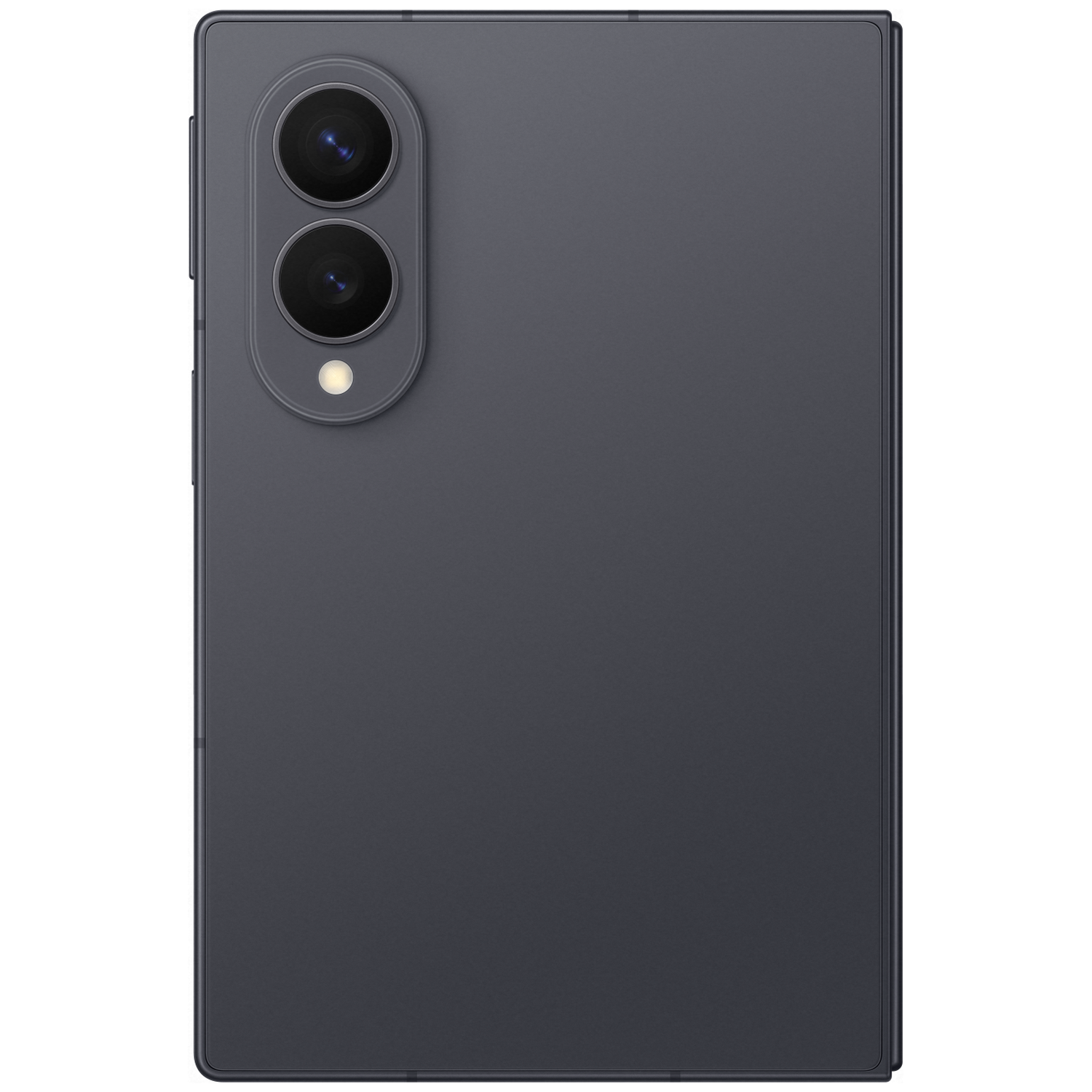 Donkergrijs smartphone met twee cameralenssen en flitser aan de achterkant.