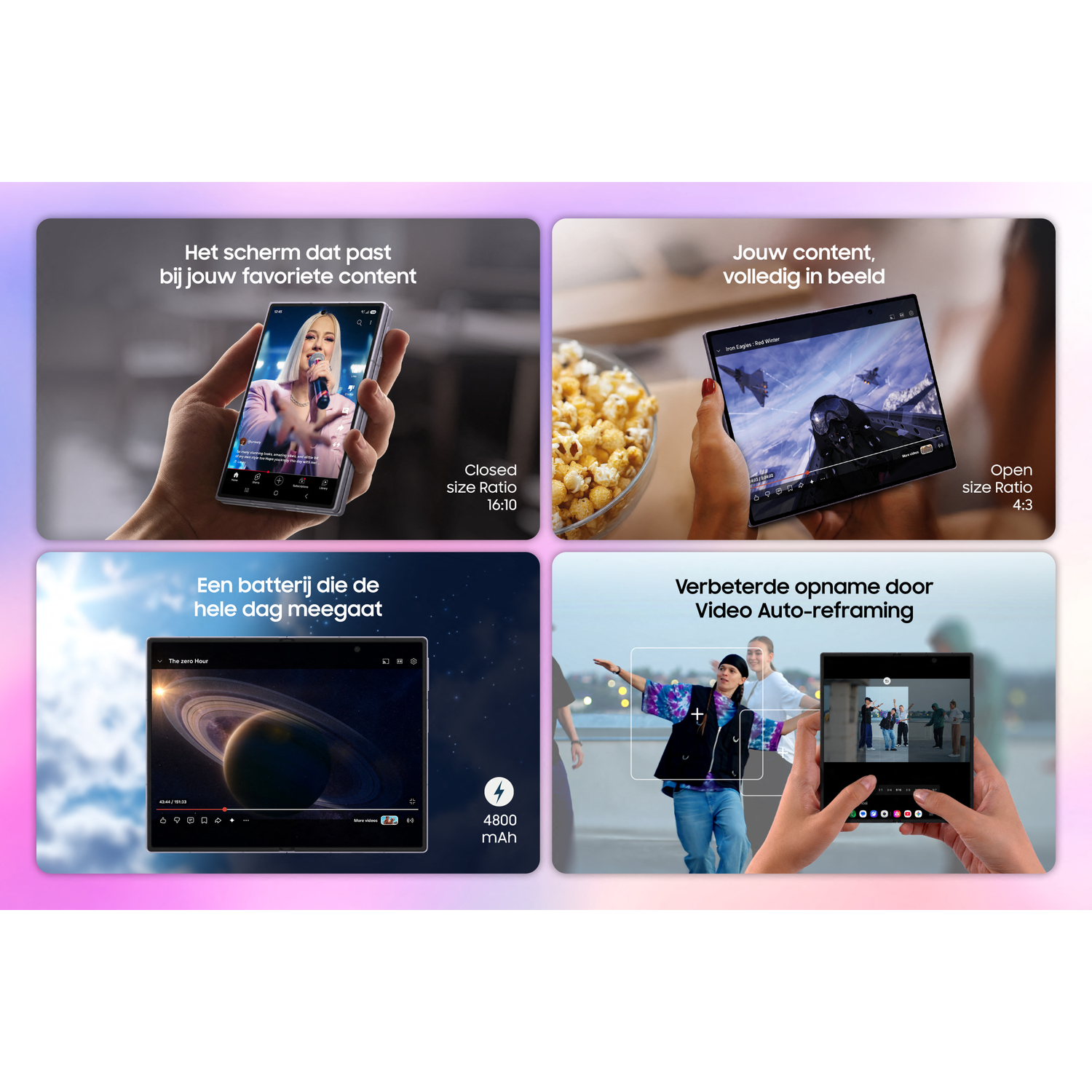 Vier panelen tonen een telefoon: gesloten met zangeres, open met spel, video met planeet en vouwtelefoon filmend.