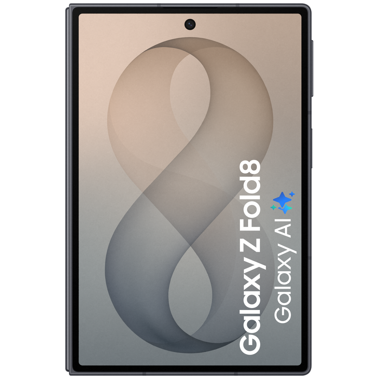 Een donkergrijze tablet met een grote, gebogen cijfer 8-afbeelding op de achtergrond.