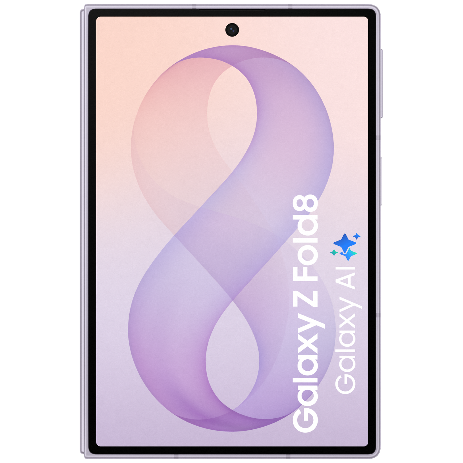 Een paarse smartphone met een groot '8'-ontwerp en tekst.