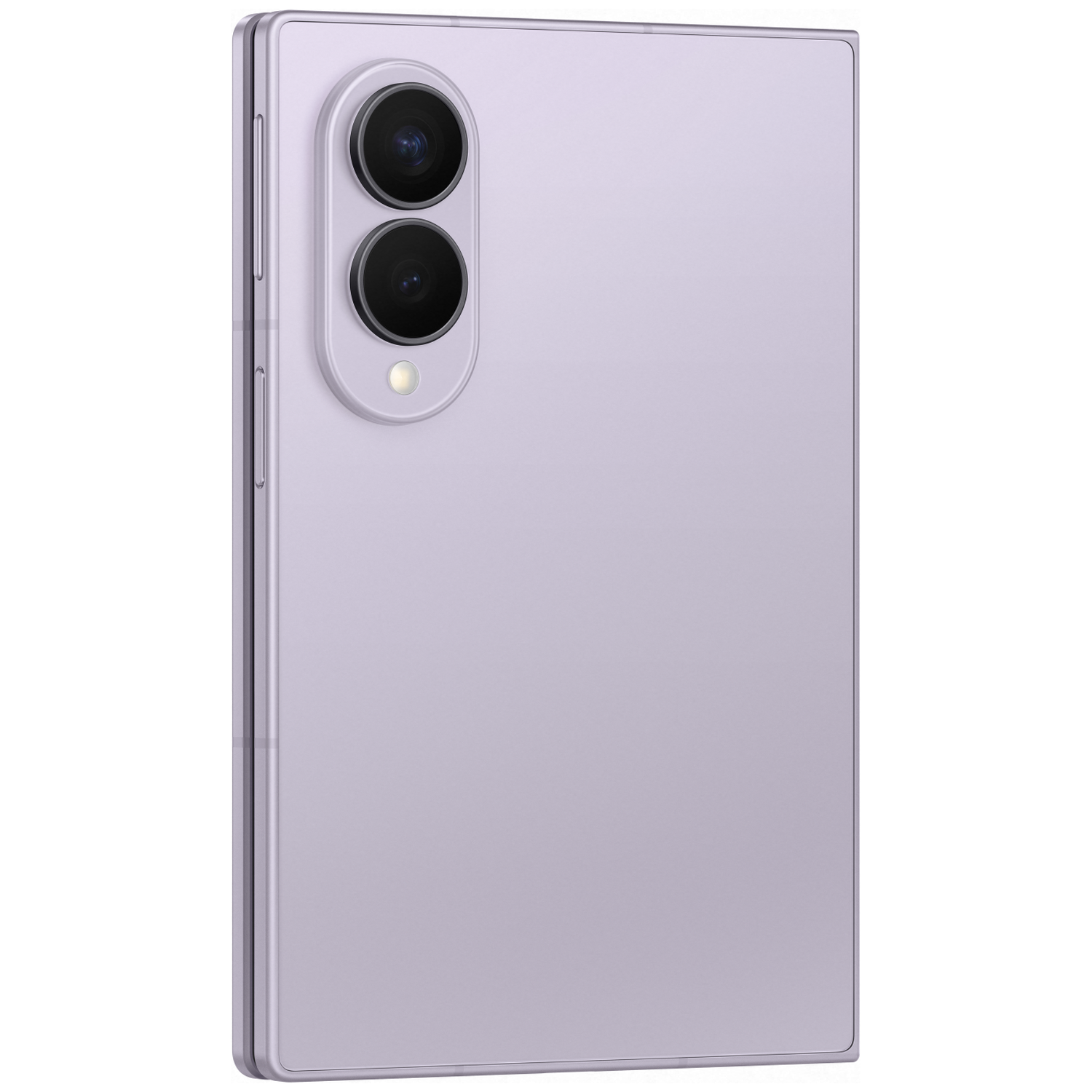 Een gesloten, lichtpaarse smartphone met twee cameralenzen en flitser.