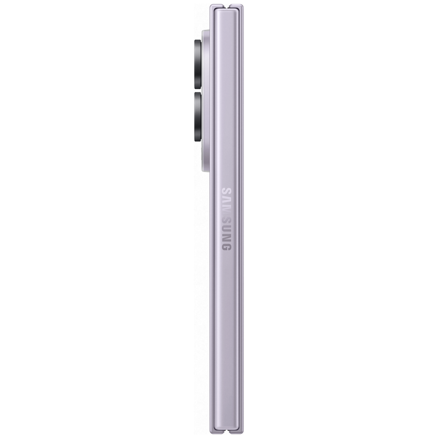Paarse Samsung smartphone in profiel met twee cameralenzen.