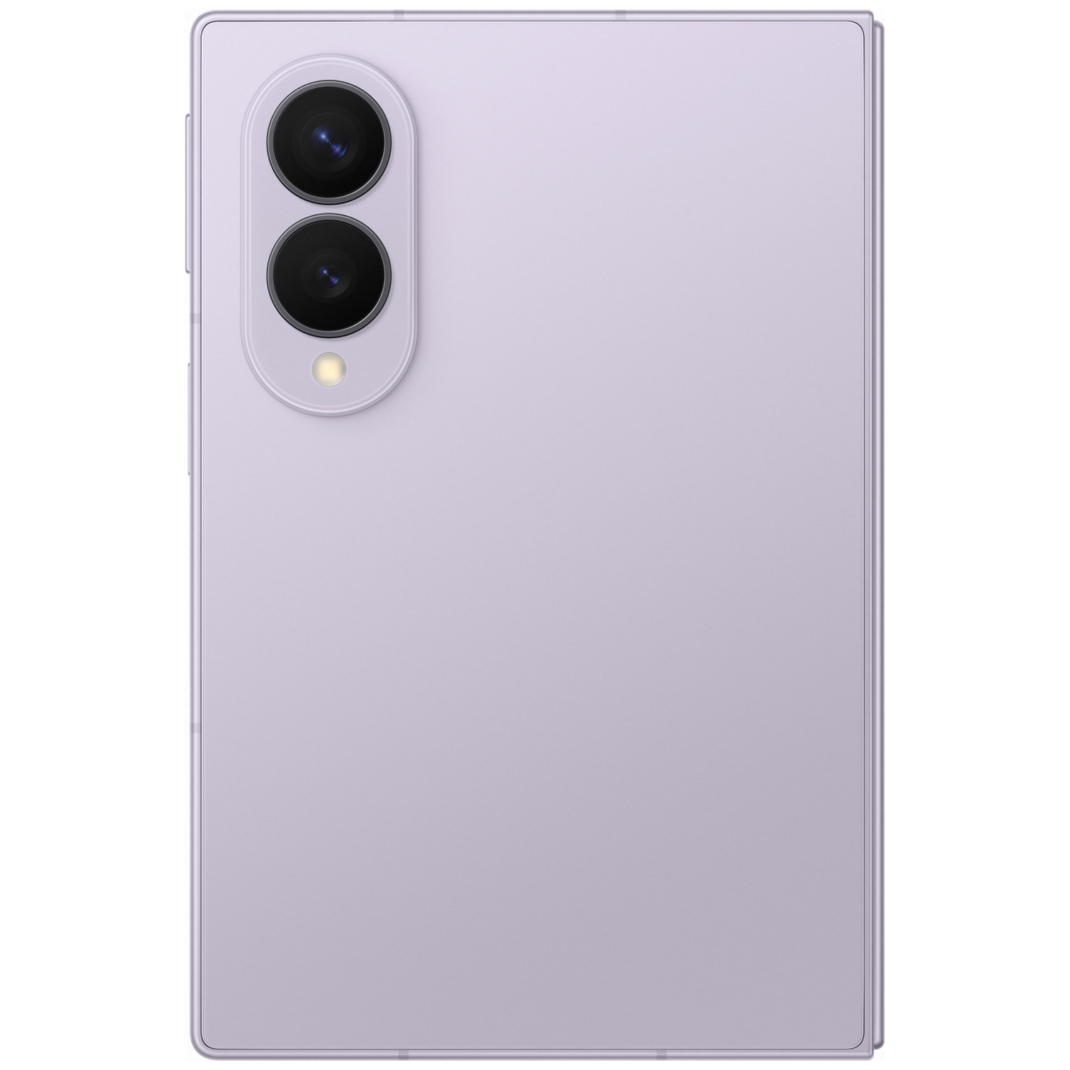 Een paarse smartphone met twee cameralenzen en flitser aan de achterkant.