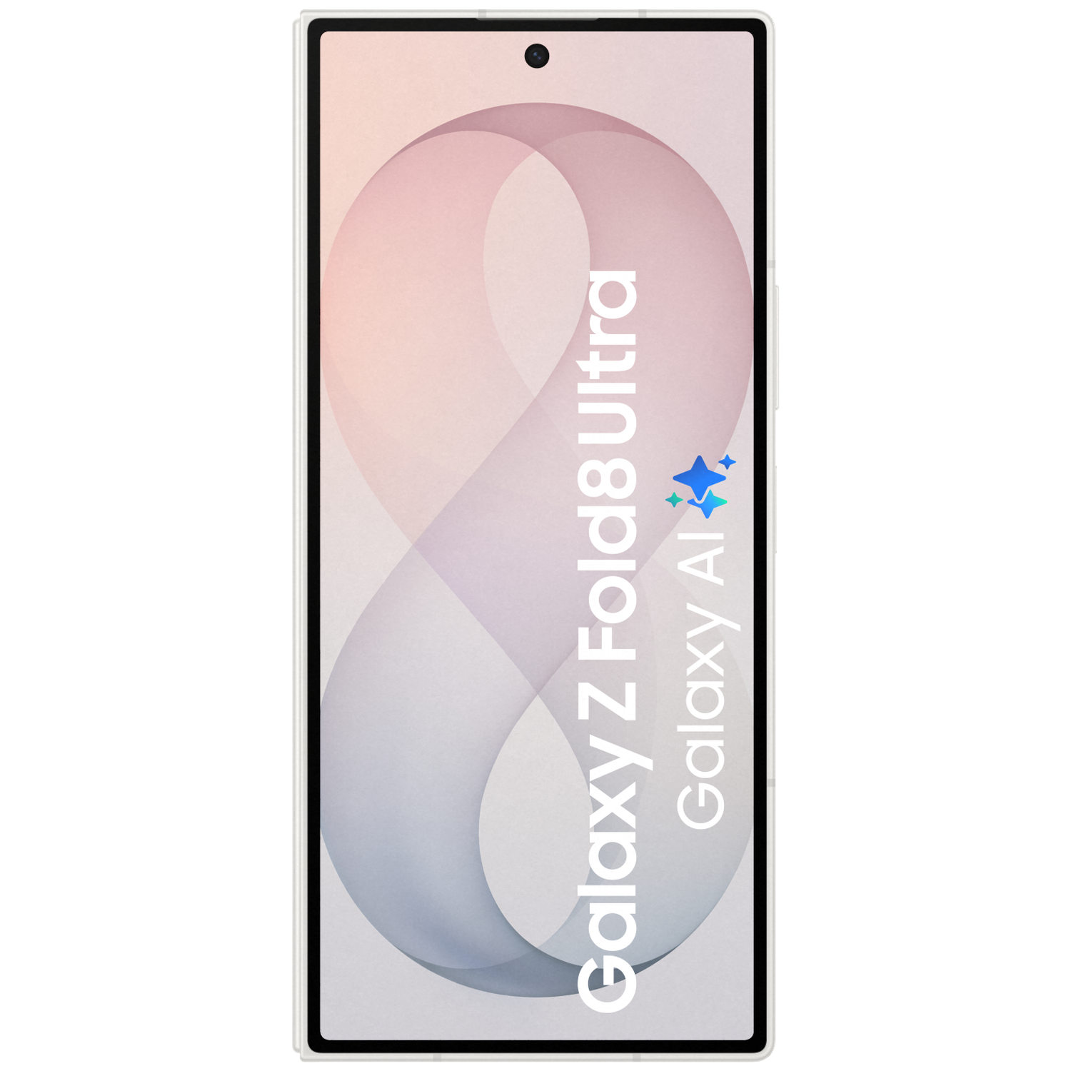 Een smartphone met een elegante, abstracte achtergrond. Het scherm toont 'Galaxy Z Fold8 Ultra' en 'Galaxy AI'.