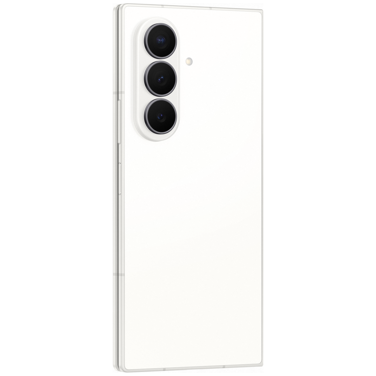 Een witte smartphone met drie camera's aan de achterzijde en een flitser.