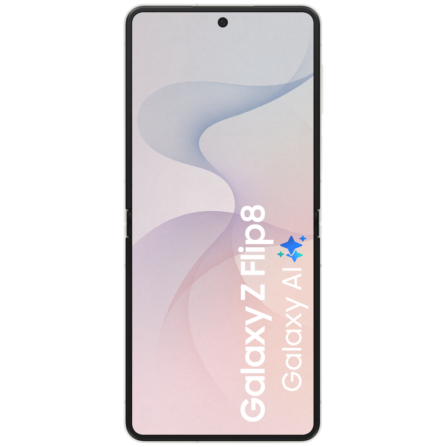 Een opengeklapte Galaxy Z Flip 8 smartphone met "Galaxy AI" en glinsterende iconen.