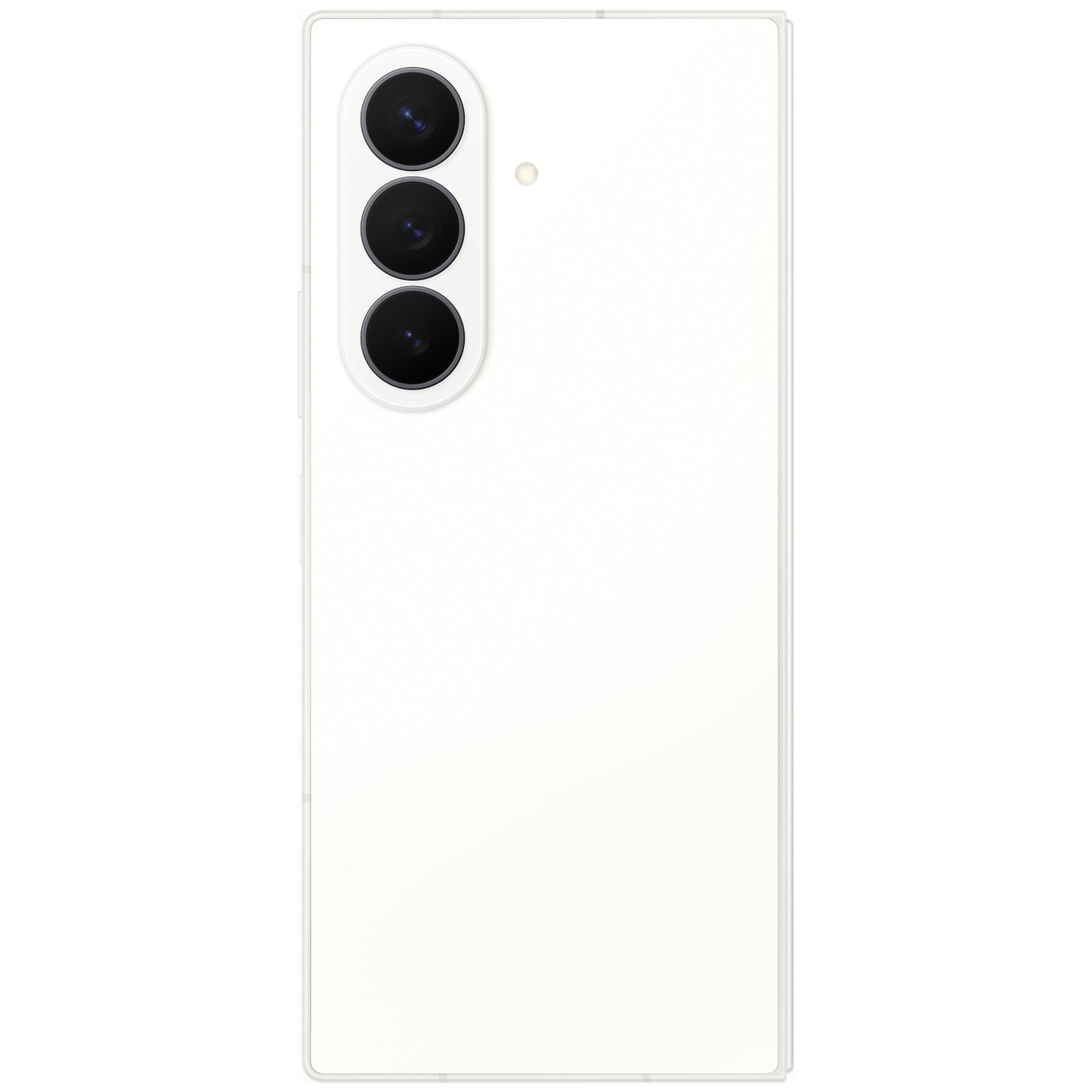 Witte achterkant smartphone met drie verticaal geplaatste cameralenzen.