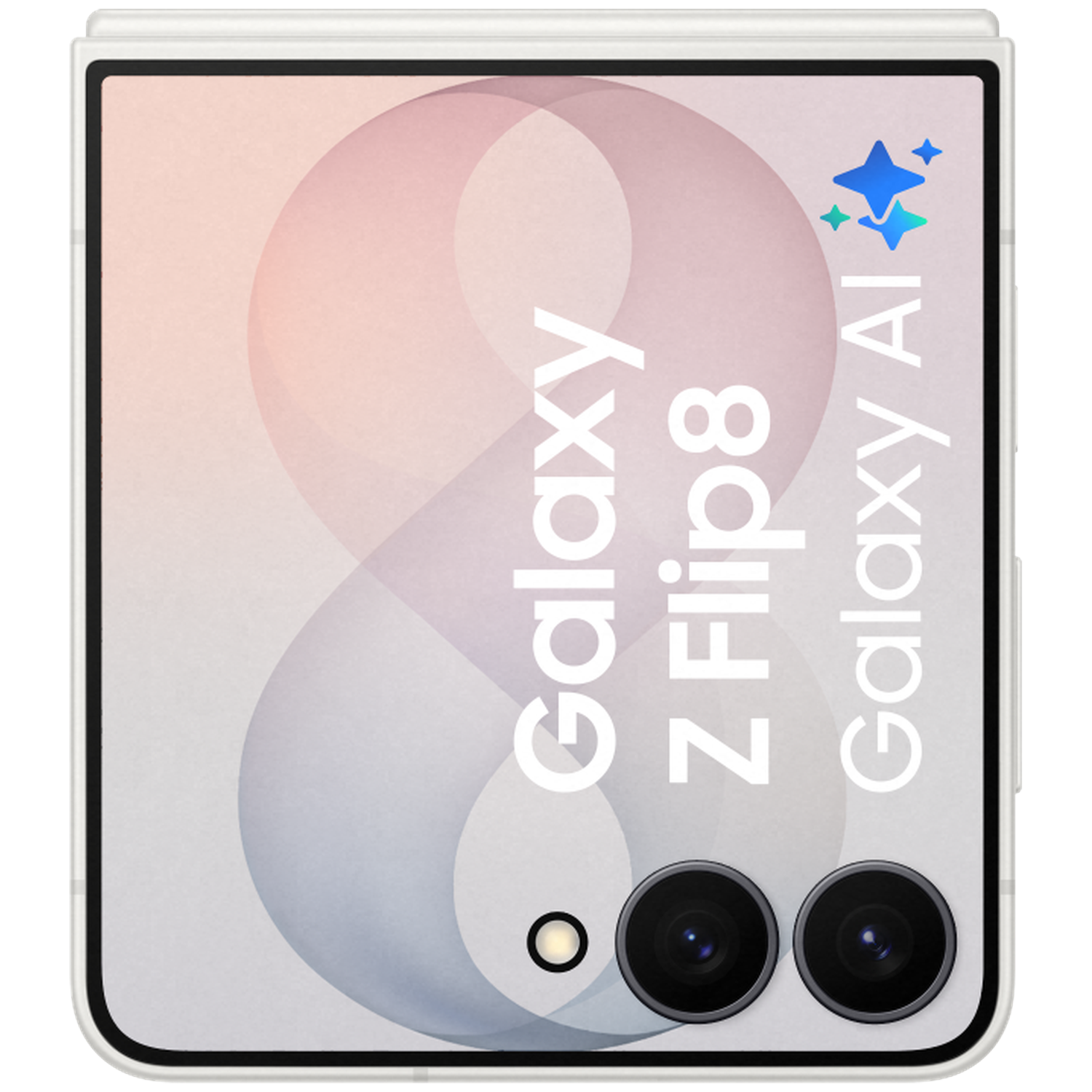Gesloten witte Samsung Galaxy Z Flip8 telefoon met twee camera's en 'Galaxy AI' tekst.