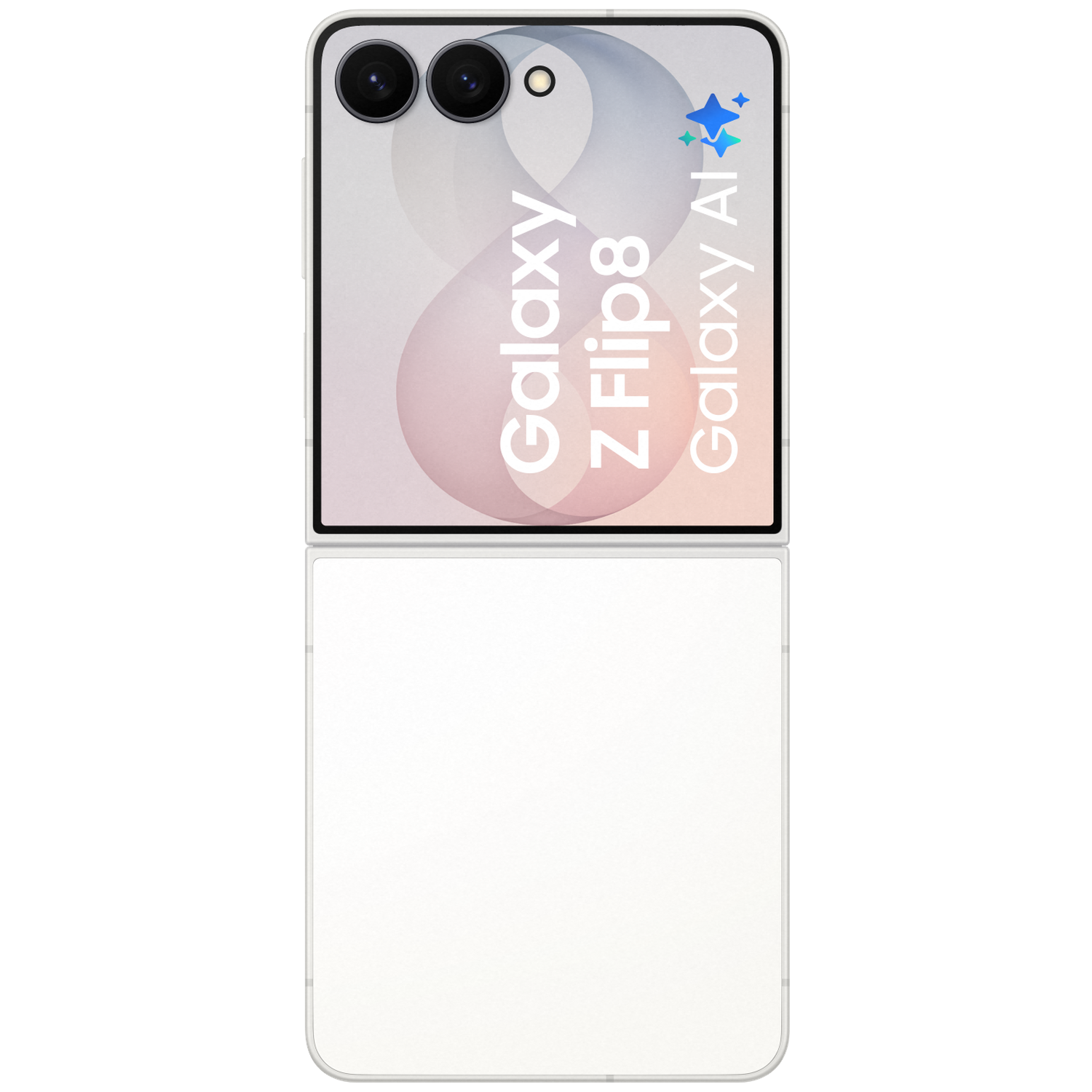 Een open witte Samsung Galaxy Z Flip 8 telefoon met twee camera's en ster-icoontjes.