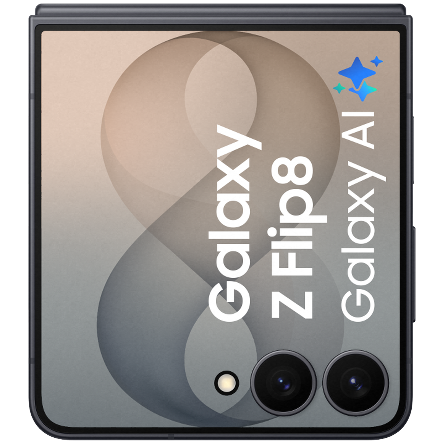 Een gesloten Galaxy Z Flip 8 met Galaxy AI-logo en twee camera's.