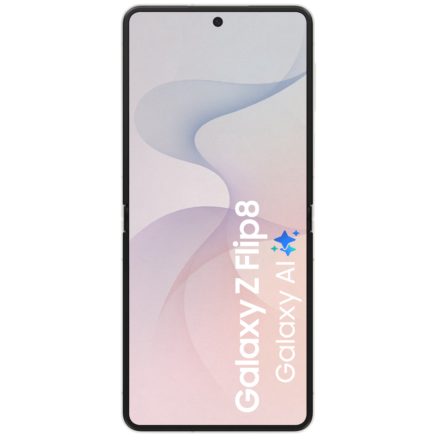 Een open, witte Samsung Galaxy Z Flip 8 met Galaxy AI-logo.