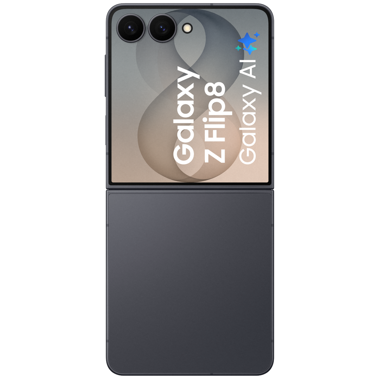 Een donkergrijze opvouwbare telefoon met Galaxy Z Flip8 en Galaxy AI tekst.