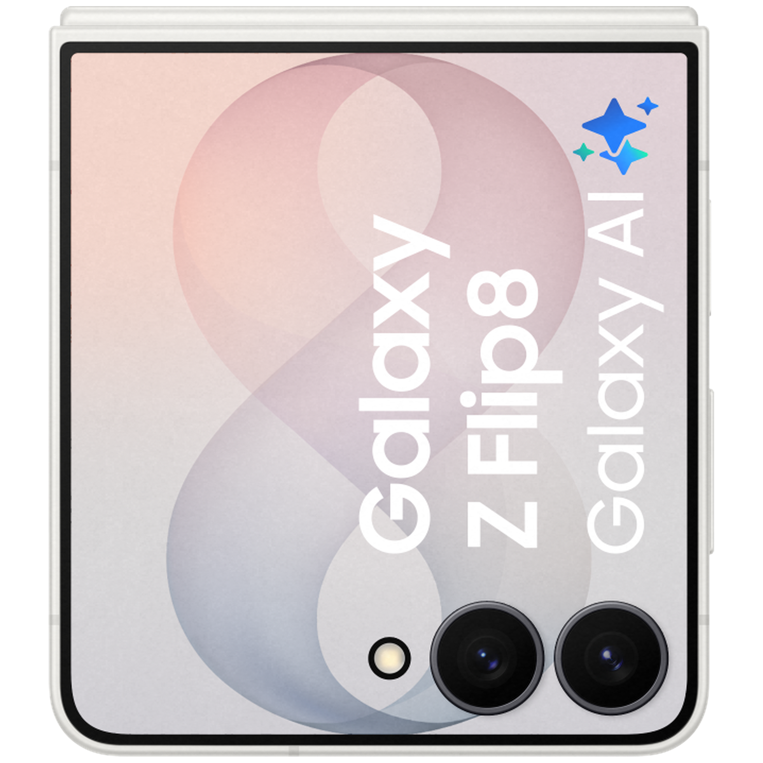 Een gesloten Samsung Galaxy Z Flip 8 met AI-logo en twee camera's.