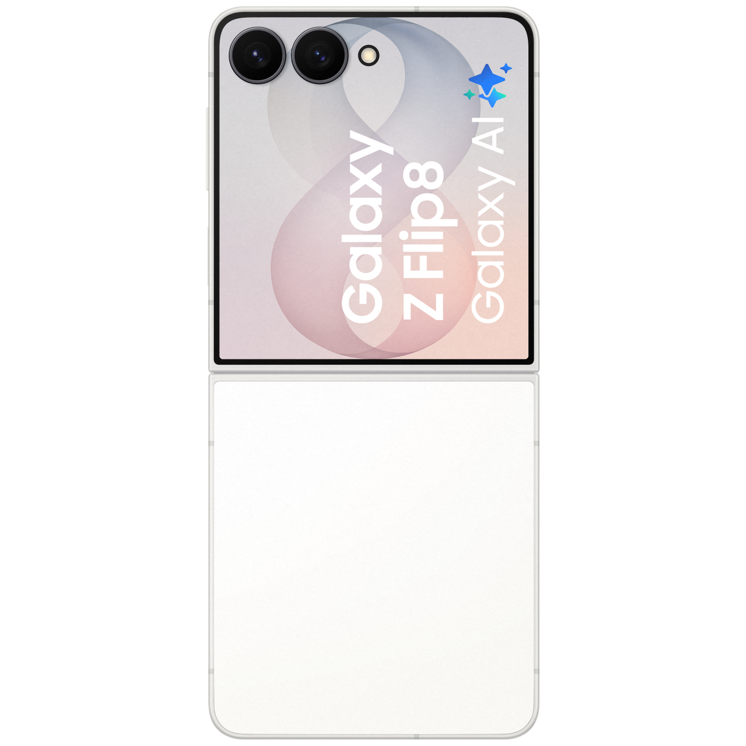Een witte Samsung Galaxy Z Flip 8 met AI-stickers. De bovenkant toont camera's.